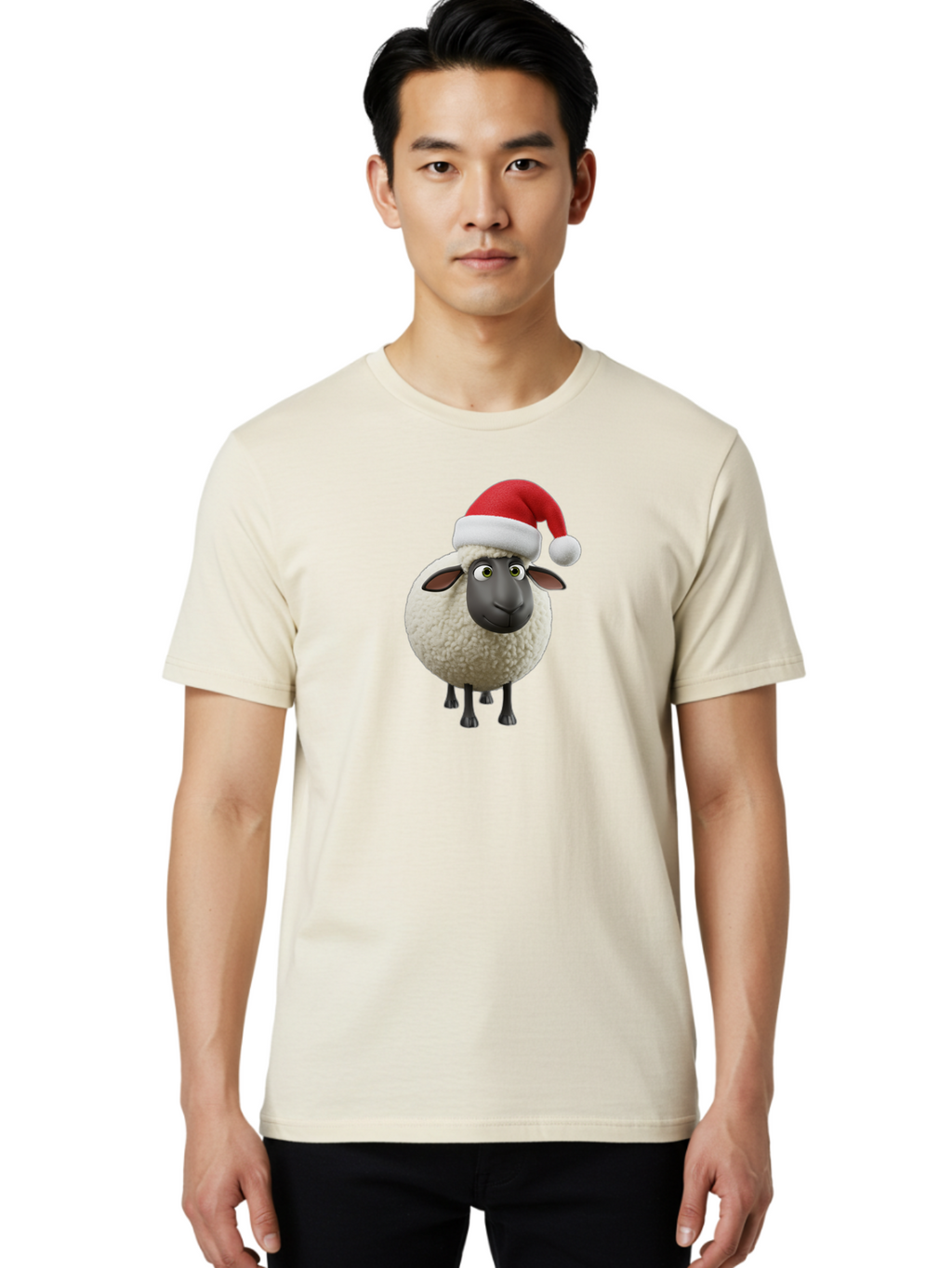 Shaun-The-Sheep-Santa-Hat Men'S Graphic Tee, 100% Cotton, Comfortable Casual Summer Wear, Machine Washable, Shaun The Sheep, Christmas Sheep, Santa Hat Sheep, Festive Cartoon Character, Holiday Fun, Animated Sheep, Merry Christmas, Bad541