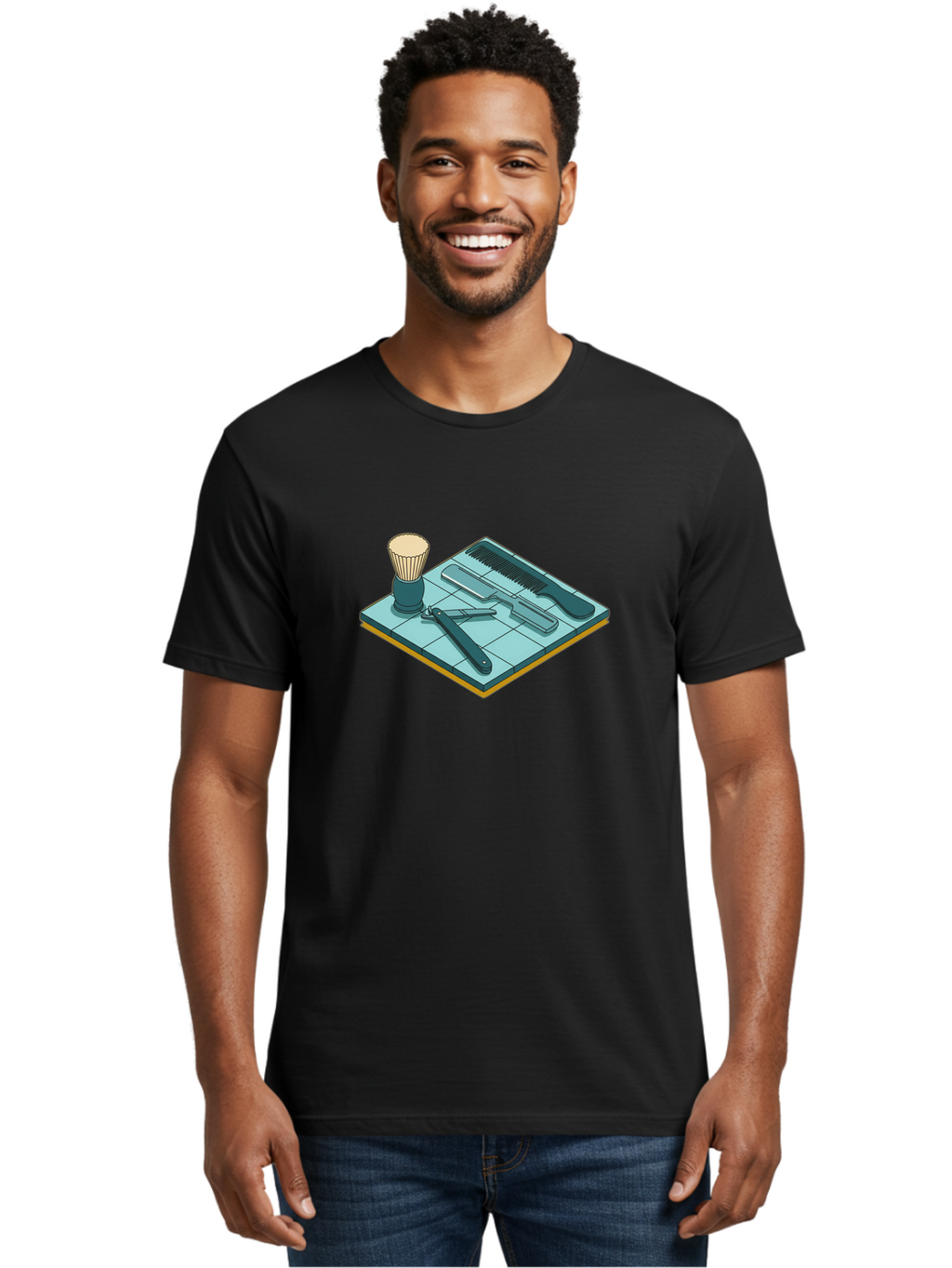 Shaving-Kit Men'S Graphic Tee, 100% Cotton, Comfortable Casual Summer Wear, Machine Washable, Shaving Kit, Straight Razor, Comb, Shaving Brush, Grooming Tools, Men'S Grooming, Barber Supplies, Personal Care Bad546