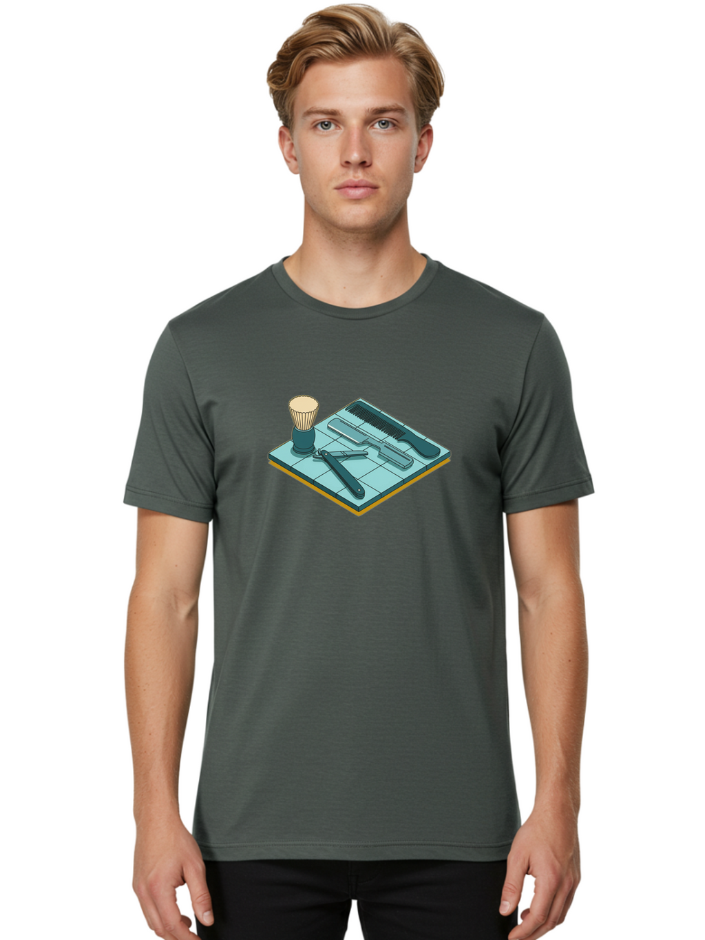 Shaving-Kit Men'S Graphic Tee, 100% Cotton, Comfortable Casual Summer Wear, Machine Washable, Shaving Kit, Straight Razor, Comb, Shaving Brush, Grooming Tools, Men'S Grooming, Barber Supplies, Personal Care Bad546