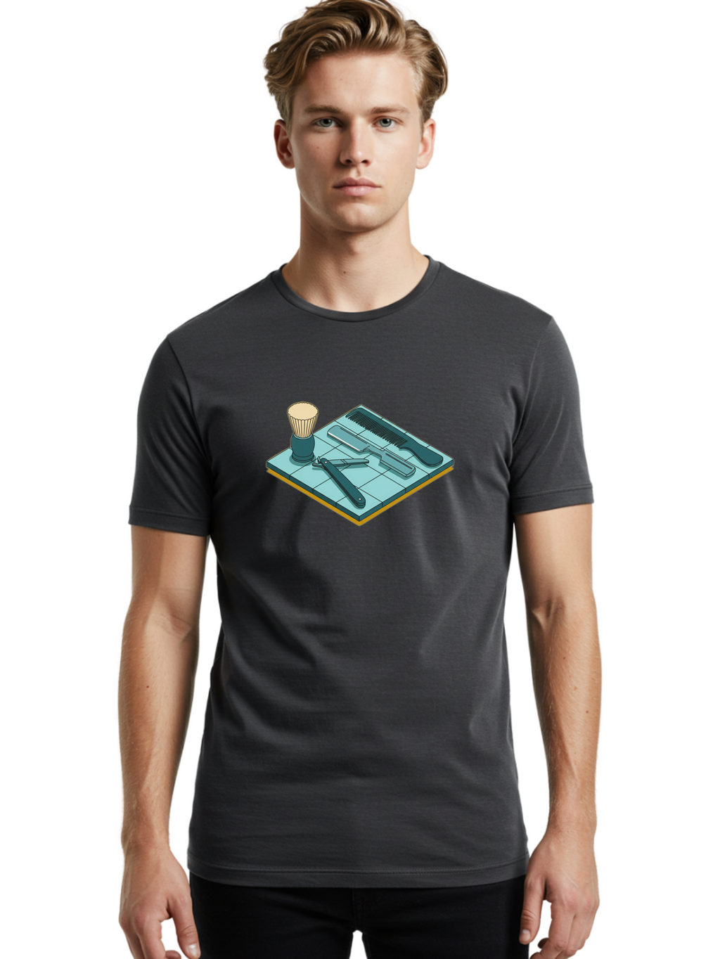 Shaving-Kit Men'S Graphic Tee, 100% Cotton, Comfortable Casual Summer Wear, Machine Washable, Shaving Kit, Straight Razor, Comb, Shaving Brush, Grooming Tools, Men'S Grooming, Barber Supplies, Personal Care Bad546