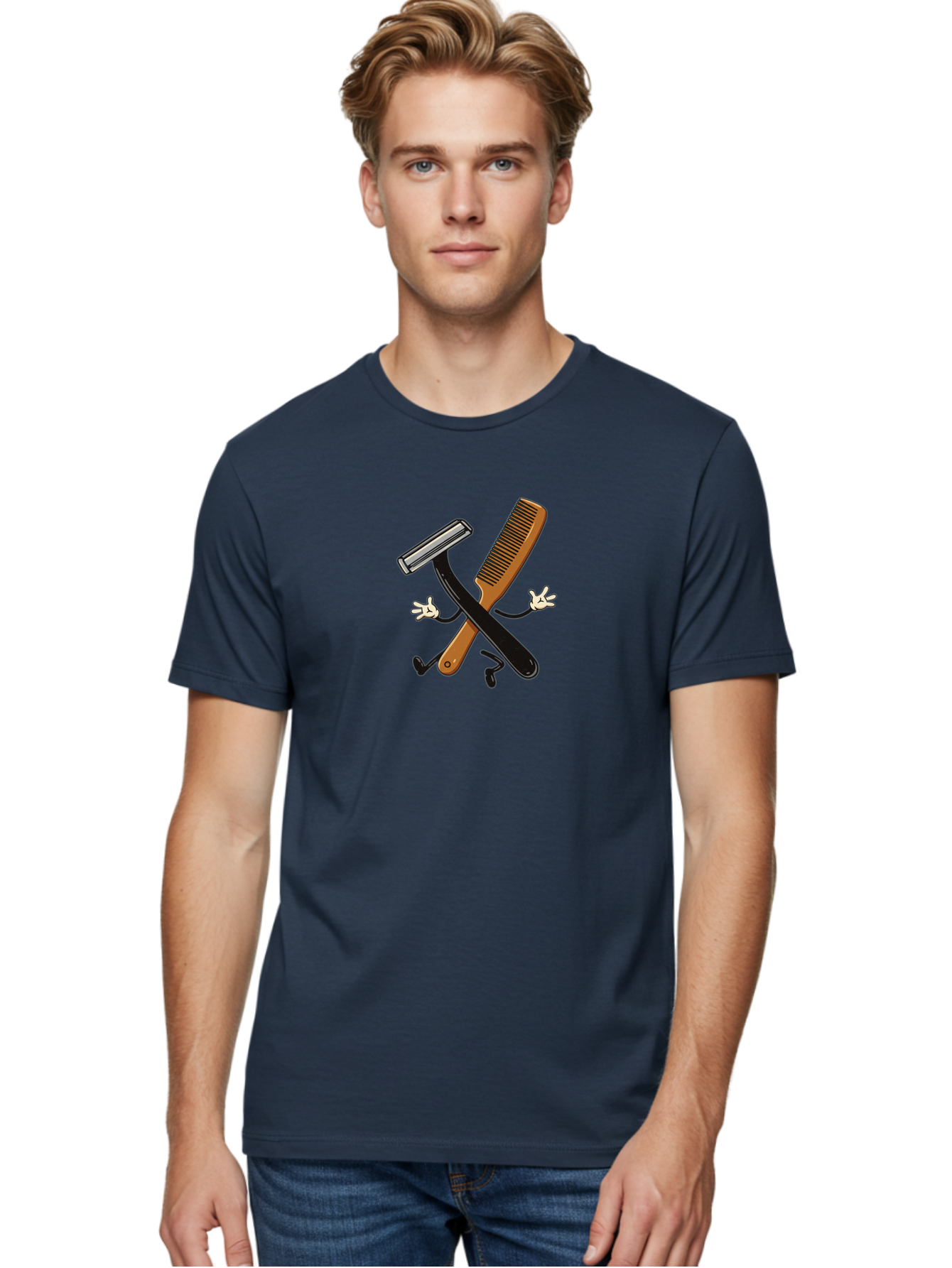 Shaving-Razor-Comb Men'S Graphic Tee, 100% Cotton, Comfortable Casual Summer Wear, Machine Washable, Shaving Razor And Comb, Grooming Tools, Barber Supplies, Men'S Grooming, Shaving Accessories, Styling Comb Bad547