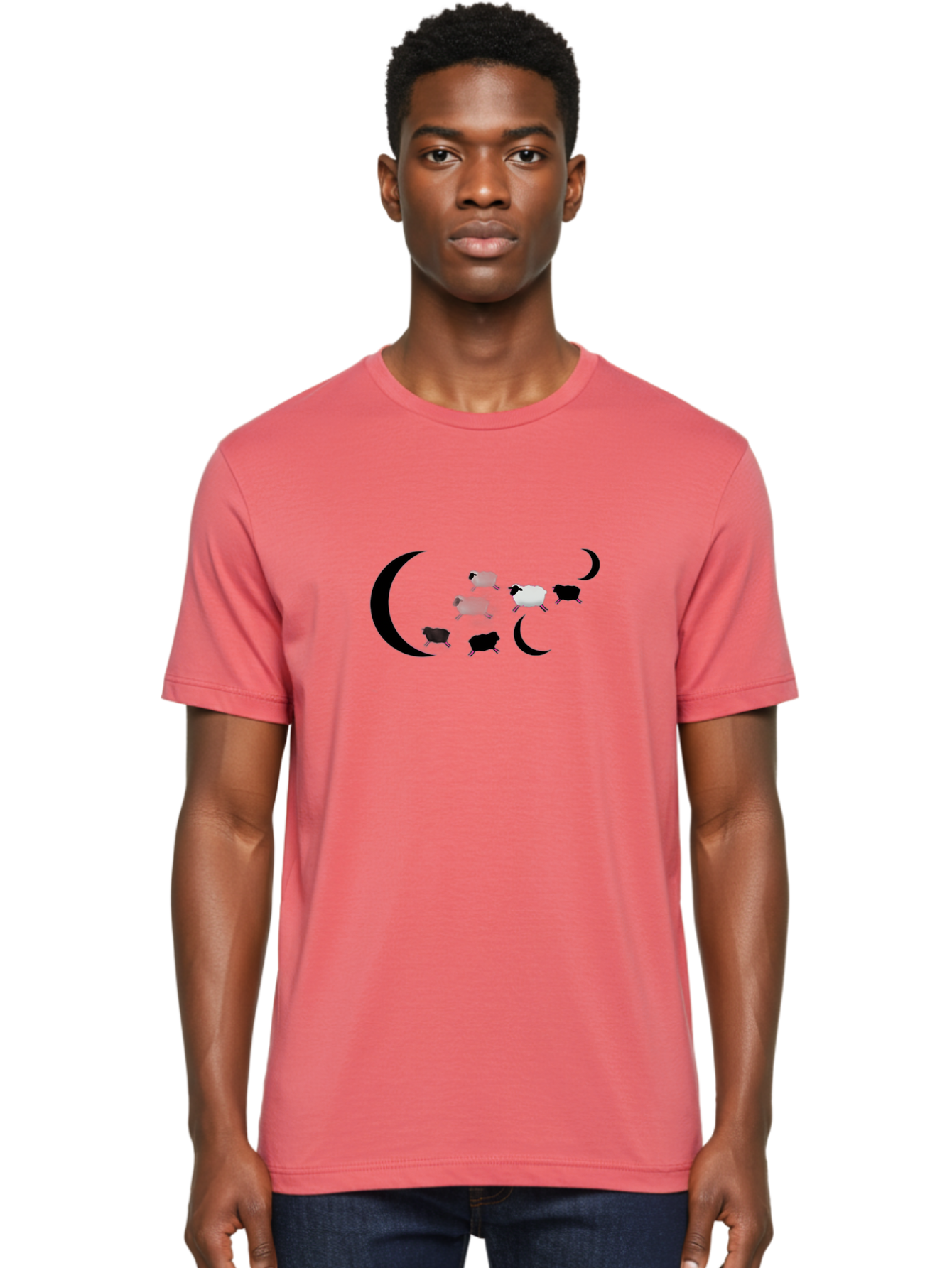 Sheep-And-Moon Men'S Graphic Tee, 100% Cotton, Comfortable Casual Summer Wear, Machine Washable, Sheep Jumping, Crescent Moon, Flock Of Sheep, Counting Sheep, Sleep Aid, Surreal Artwork, Dreamy Imagery, Black And White Sheep, Minimalist Design Bad548