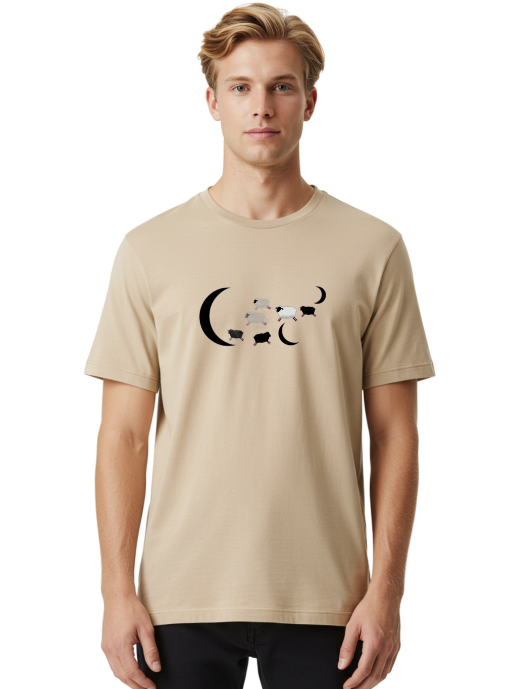 Sheep-And-Moon Men'S Graphic Tee, 100% Cotton, Comfortable Casual Summer Wear, Machine Washable, Sheep Jumping, Crescent Moon, Flock Of Sheep, Counting Sheep, Sleep Aid, Surreal Artwork, Dreamy Imagery, Black And White Sheep, Minimalist Design Bad548