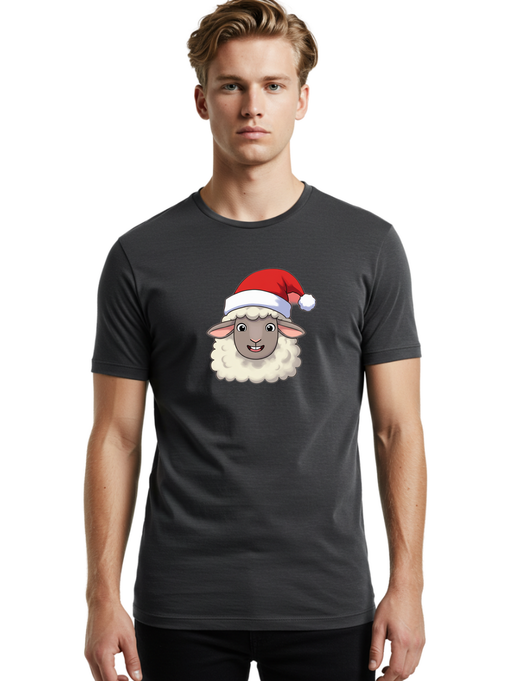 Sheep-In-Santa-Hat Men'S Graphic Tee, 100% Cotton, Comfortable Casual Summer Wear, Machine Washable, Cartoon Sheep, Santa Hat, Festive Character, Holiday Cheer, Cute Animal, Fluffy Sheep, Christmas Theme, Fun Design, Playful Illustration, Bad550