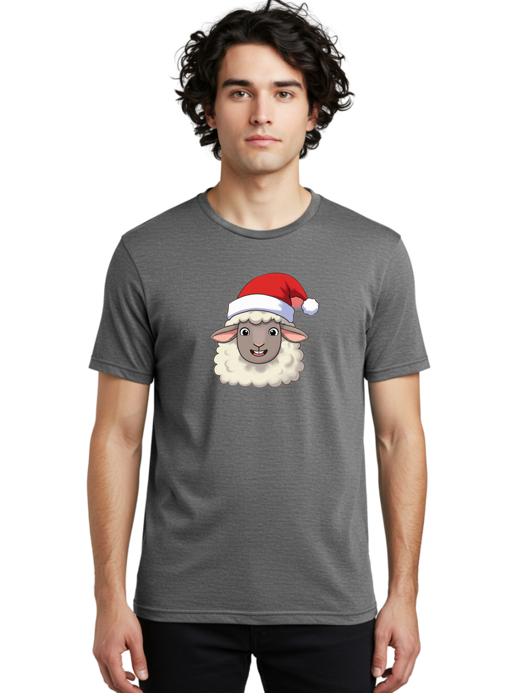 Sheep-In-Santa-Hat Men'S Graphic Tee, 100% Cotton, Comfortable Casual Summer Wear, Machine Washable, Cartoon Sheep, Santa Hat, Festive Character, Holiday Cheer, Cute Animal, Fluffy Sheep, Christmas Theme, Fun Design, Playful Illustration, Bad550