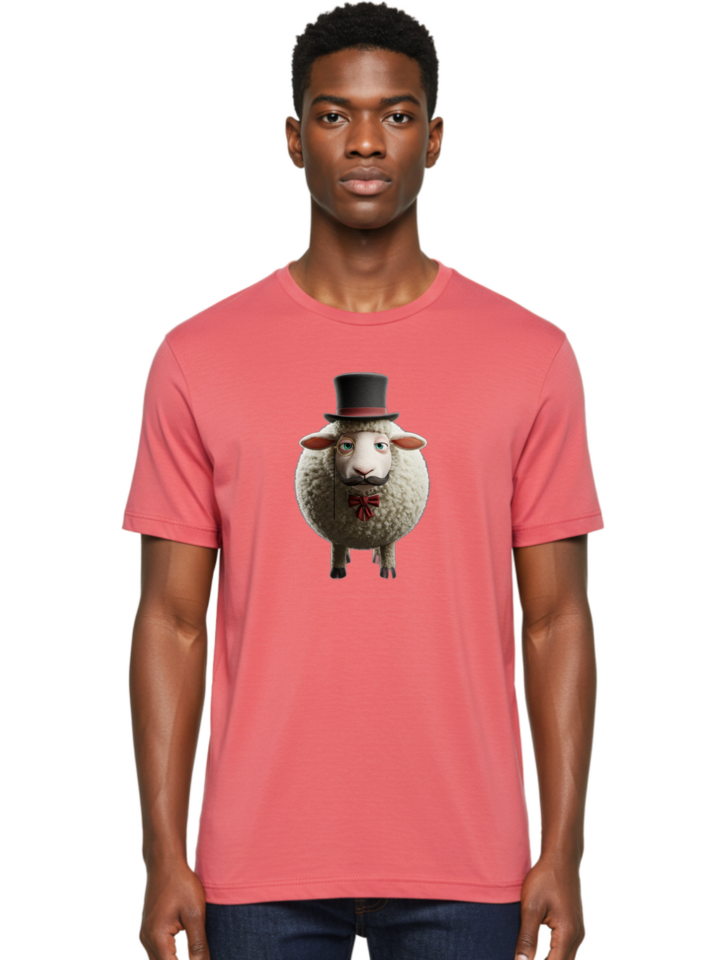Sheep-In-Top-Hat-1 Men'S Graphic Tee, 100% Cotton, Comfortable Casual Summer Wear, Machine Washable, Sheep In A Top Hat, Cartoon Character, Funny Animal, Red Bow Tie, Black Mustache, Fluffy Sheep, Humorous Illustration, Whimsical Design, Bad552