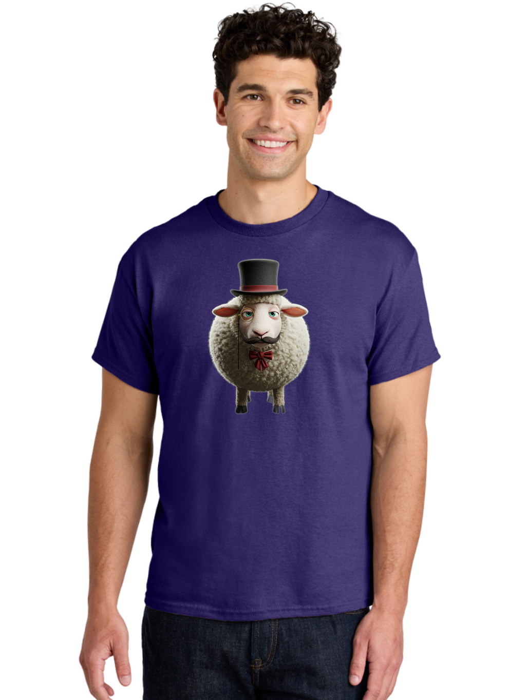 Sheep-In-Top-Hat-1 Men'S Graphic Tee, 100% Cotton, Comfortable Casual Summer Wear, Machine Washable, Sheep In A Top Hat, Cartoon Character, Funny Animal, Red Bow Tie, Black Mustache, Fluffy Sheep, Humorous Illustration, Whimsical Design, Bad552