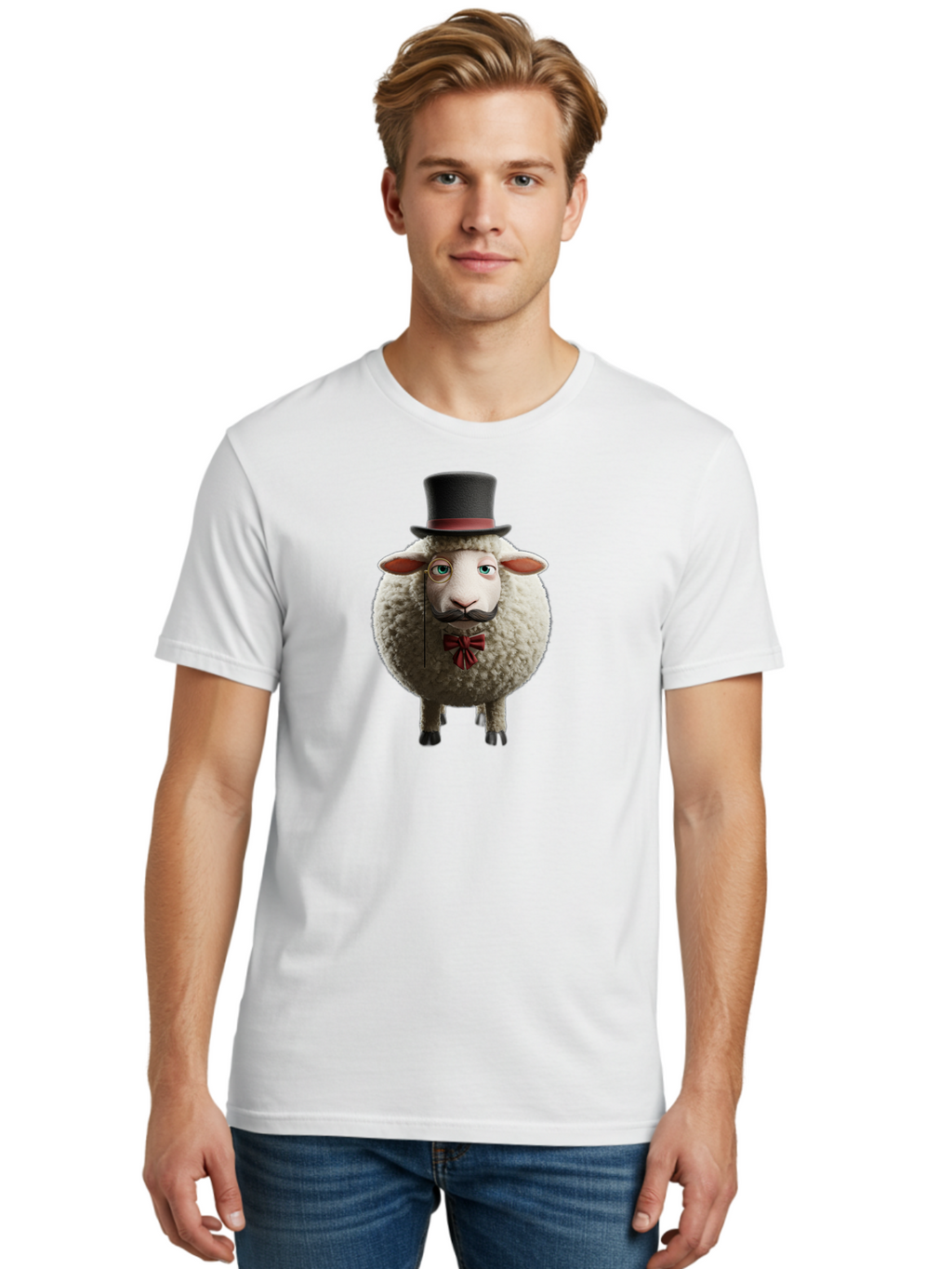 Sheep-In-Top-Hat-1 Men'S Graphic Tee, 100% Cotton, Comfortable Casual Summer Wear, Machine Washable, Sheep In A Top Hat, Cartoon Character, Funny Animal, Red Bow Tie, Black Mustache, Fluffy Sheep, Humorous Illustration, Whimsical Design, Bad552