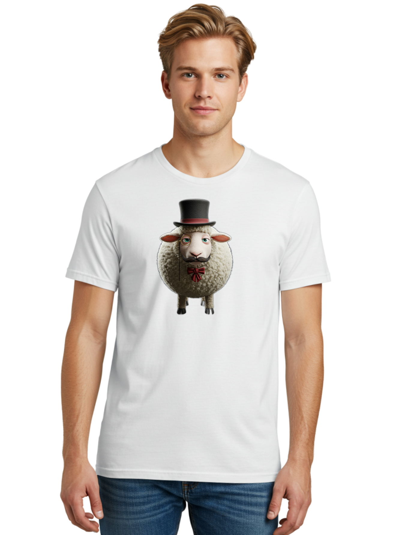 Sheep-In-Top-Hat-1 Men'S Graphic Tee, 100% Cotton, Comfortable Casual Summer Wear, Machine Washable, Sheep In A Top Hat, Cartoon Character, Funny Animal, Red Bow Tie, Black Mustache, Fluffy Sheep, Humorous Illustration, Whimsical Design, Bad552