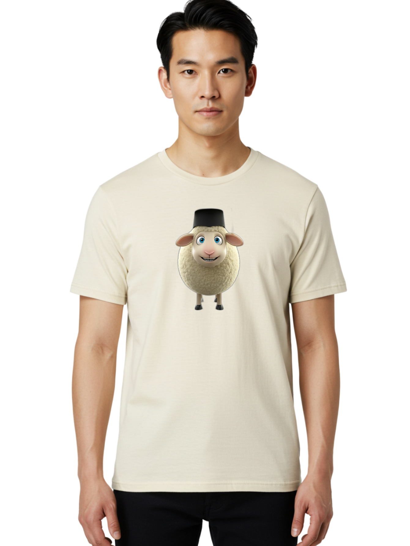 Sheep-In-Top-Hat Men'S Graphic Tee, 100% Cotton, Comfortable Casual Summer Wear, Machine Washable, Cartoon Sheep, White Sheep, Fluffy Sheep, Funny Character, Animated Animal, Lovable Sheep, Sheep Character, Blue Eyes, Black Hat Bad553