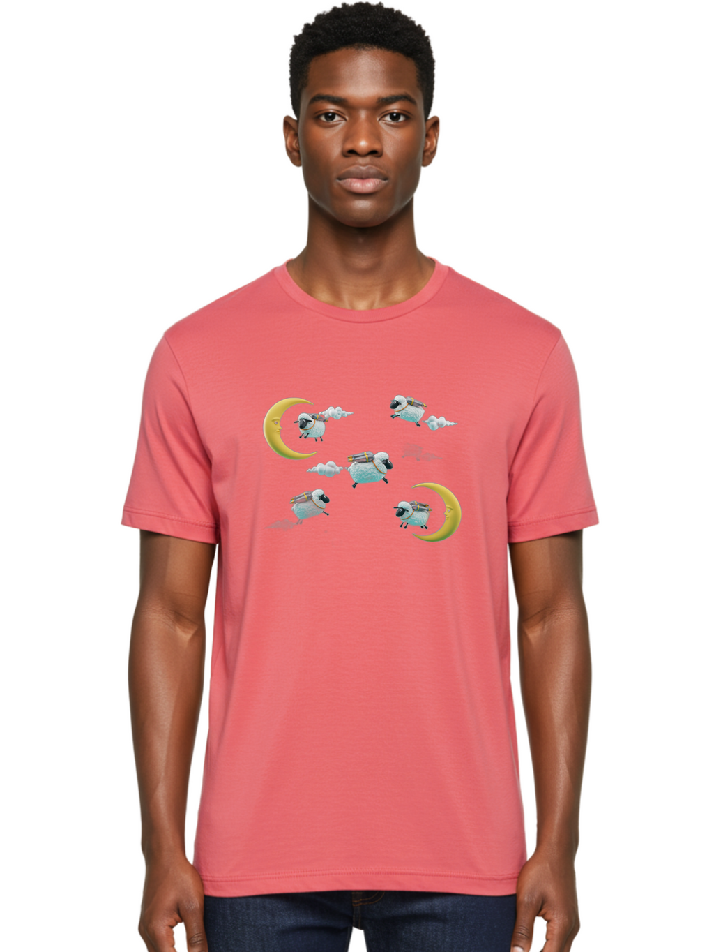 Sheep-On-Crescent-Moon-1 Men'S Graphic Tee, 100% Cotton, Comfortable Casual Summer Wear, Machine Washable, Sheep Flying On Clouds, Crescent Moon, Drums, Fun, Quirky, Cartoon Style, Fantasy Creatures, Playful Design, Dreamy Atmosphere, Bad555