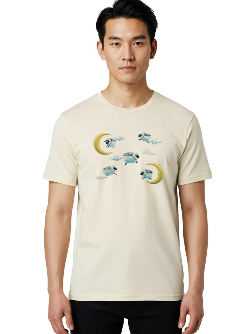 Sheep-On-Crescent-Moon-1 Men'S Graphic Tee, 100% Cotton, Comfortable Casual Summer Wear, Machine Washable, Sheep Flying On Clouds, Crescent Moon, Drums, Fun, Quirky, Cartoon Style, Fantasy Creatures, Playful Design, Dreamy Atmosphere, Bad555