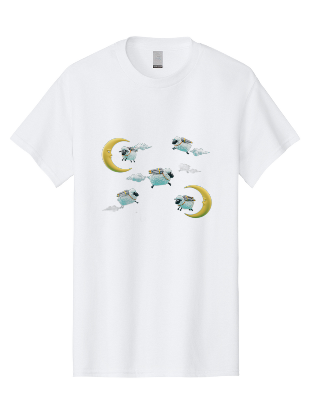 Sheep-On-Crescent-Moon-1 Men'S Graphic Tee, 100% Cotton, Comfortable Casual Summer Wear, Machine Washable, Sheep Flying On Clouds, Crescent Moon, Drums, Fun, Quirky, Cartoon Style, Fantasy Creatures, Playful Design, Dreamy Atmosphere, Bad555