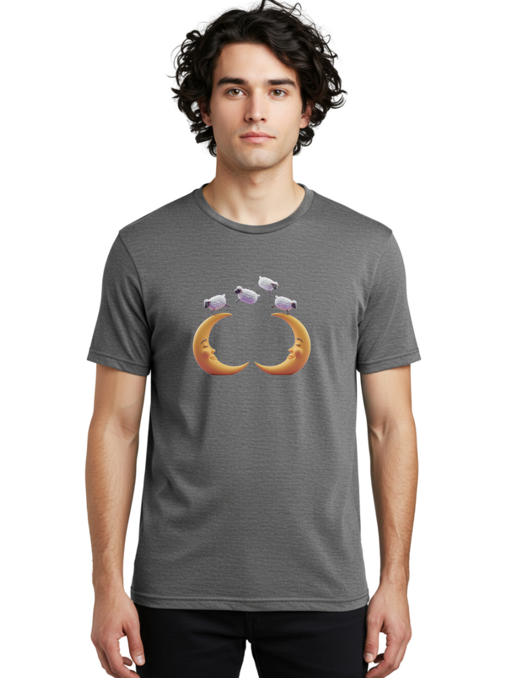 Sheep-On-Crescent-Moons Men'S Graphic Tee, 100% Cotton, Comfortable Casual Summer Wear, Machine Washable, Sheep Jumping Over Moon, Cartoon Moon Faces, Whimsical Illustration, Lunar Symbolism, Dreamy Scene, Surreal Art, Moonlight, Bad557