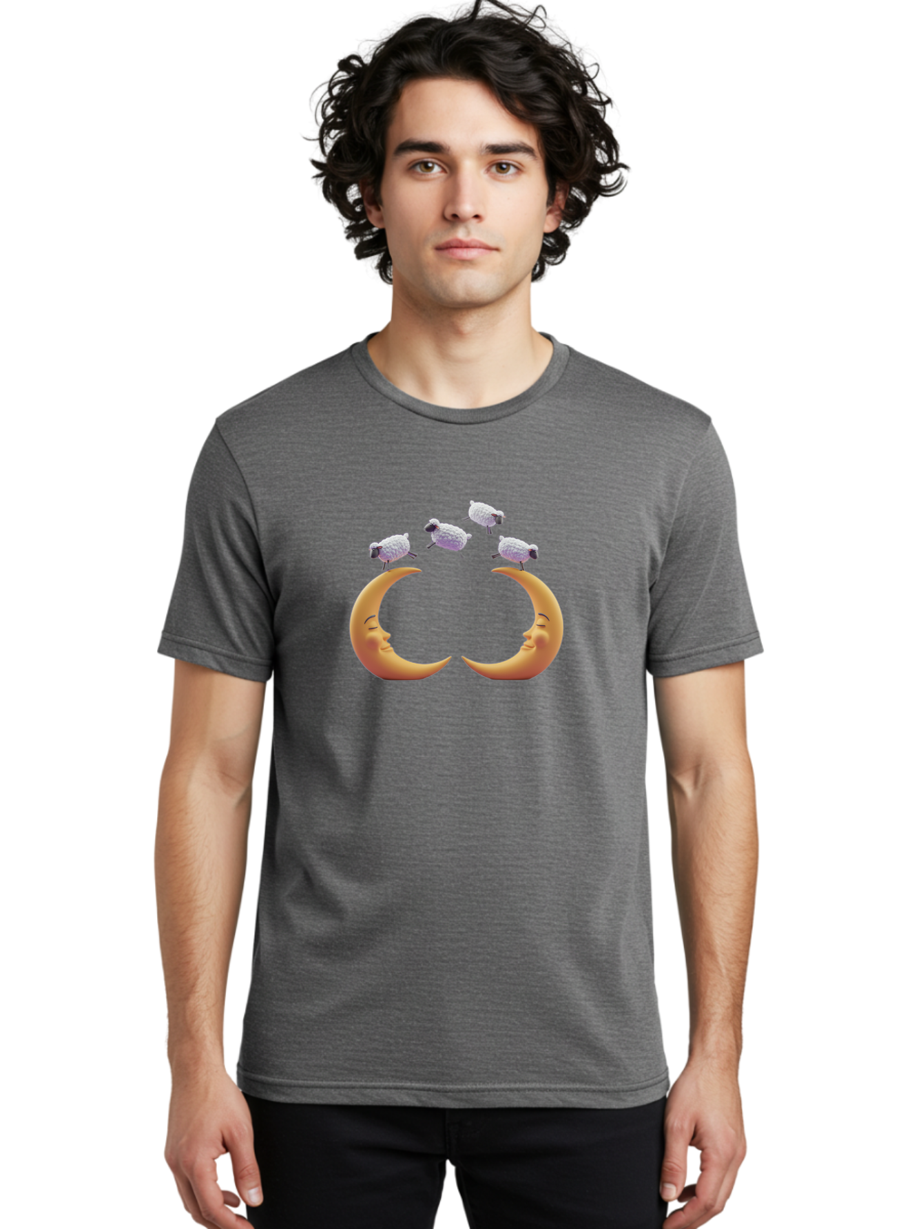 Sheep-On-Crescent-Moons Men'S Graphic Tee, 100% Cotton, Comfortable Casual Summer Wear, Machine Washable, Sheep Jumping Over Moon, Cartoon Moon Faces, Whimsical Illustration, Lunar Symbolism, Dreamy Scene, Surreal Art, Moonlight, Bad557