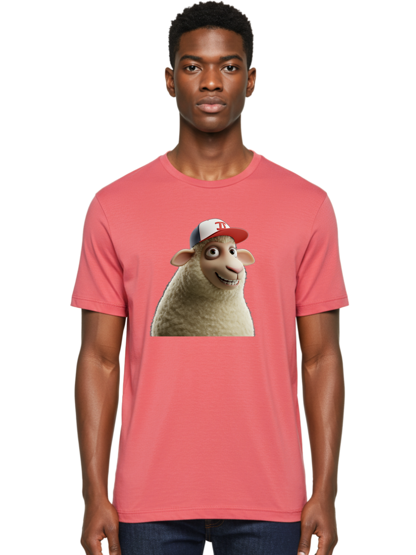 Sheep-Wearing-Baseball-Cap Men'S Graphic Tee, 100% Cotton, Comfortable Casual Summer Wear, Machine Washable, Cartoon Sheep, Sheep Character, Funny Animal, Comedic Cartoon, Baseball Cap, Animated Animal, Humorous Character, White Sheep, Tj Logo Bad558