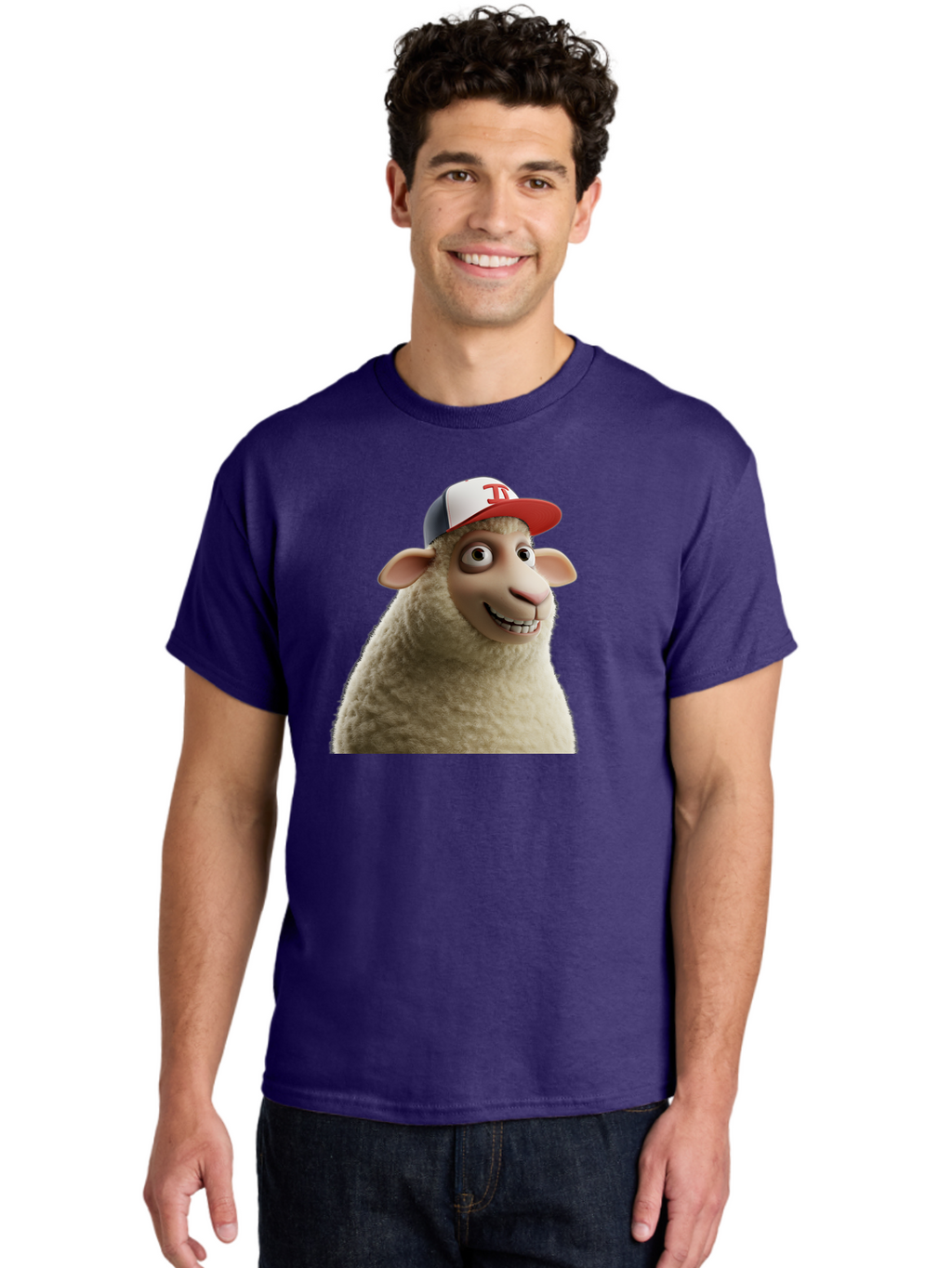 Sheep-Wearing-Baseball-Cap Men'S Graphic Tee, 100% Cotton, Comfortable Casual Summer Wear, Machine Washable, Cartoon Sheep, Sheep Character, Funny Animal, Comedic Cartoon, Baseball Cap, Animated Animal, Humorous Character, White Sheep, Tj Logo Bad558