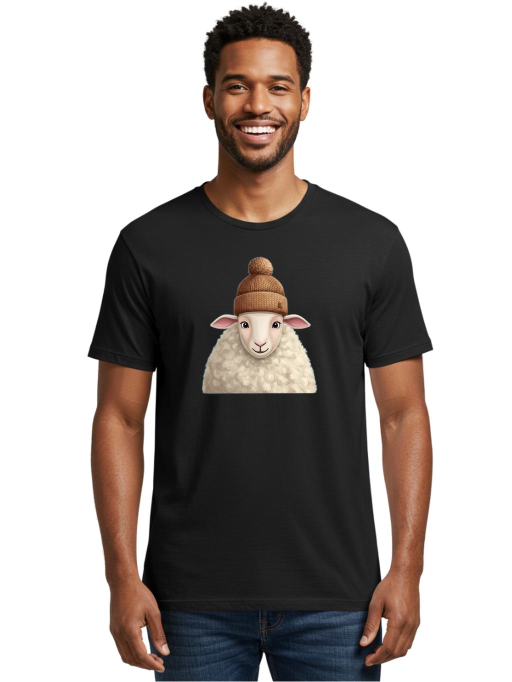 Sheep-With-Beanie Men'S Graphic Tee, 100% Cotton, Comfortable Casual Summer Wear, Machine Washable, Cartoon Sheep, Fluffy Sheep, Sheep Wearing Beanie, Winter Accessories, Cute Animal, Sheep Character, Playful Illustration, Sheep In Hat Bad559
