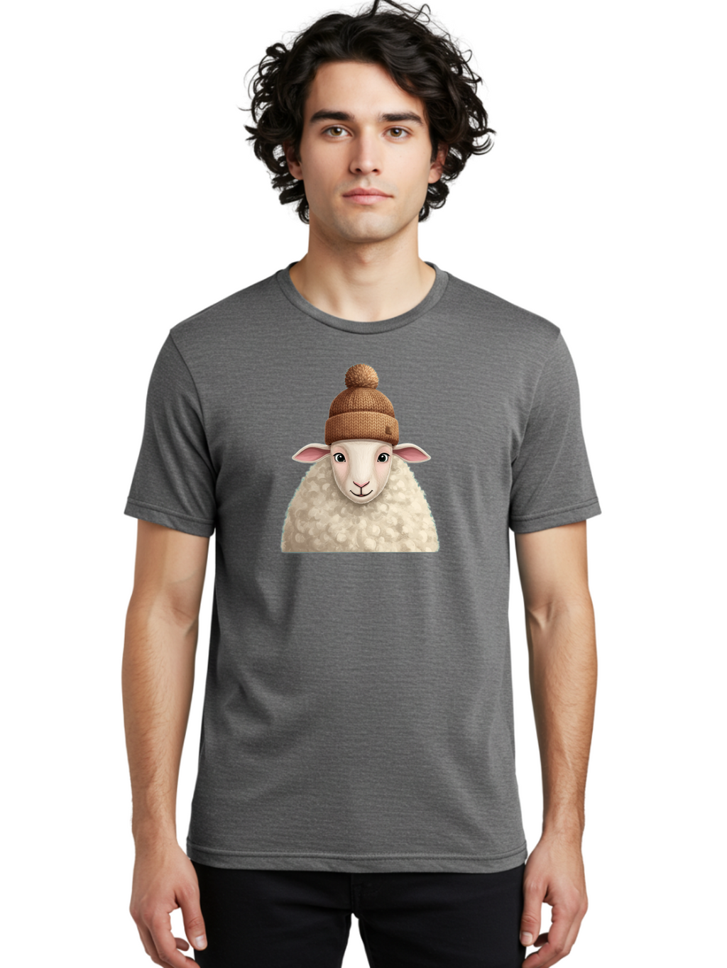 Sheep-With-Beanie Men'S Graphic Tee, 100% Cotton, Comfortable Casual Summer Wear, Machine Washable, Cartoon Sheep, Fluffy Sheep, Sheep Wearing Beanie, Winter Accessories, Cute Animal, Sheep Character, Playful Illustration, Sheep In Hat Bad559