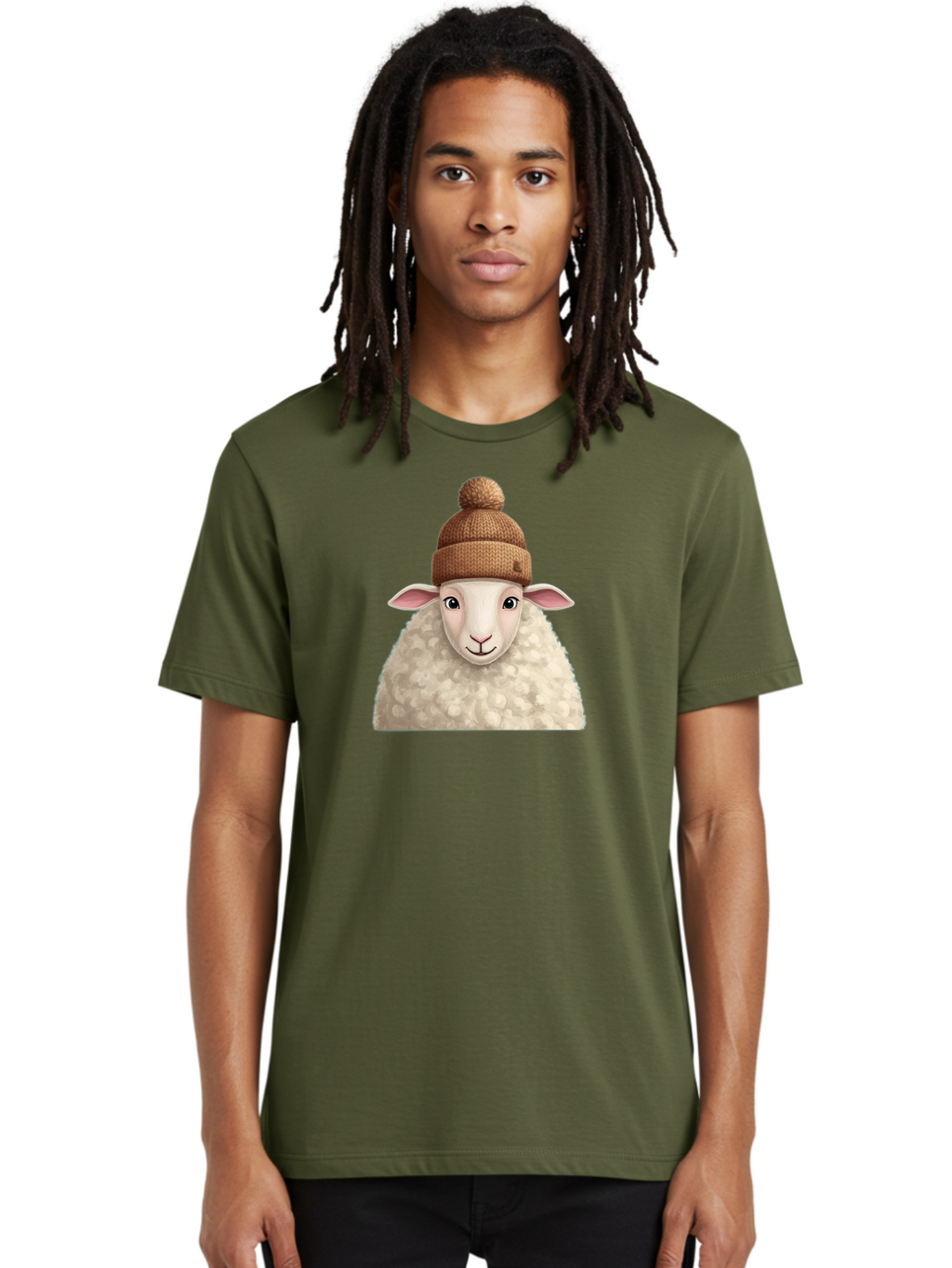 Sheep-With-Beanie Men'S Graphic Tee, 100% Cotton, Comfortable Casual Summer Wear, Machine Washable, Cartoon Sheep, Fluffy Sheep, Sheep Wearing Beanie, Winter Accessories, Cute Animal, Sheep Character, Playful Illustration, Sheep In Hat Bad559