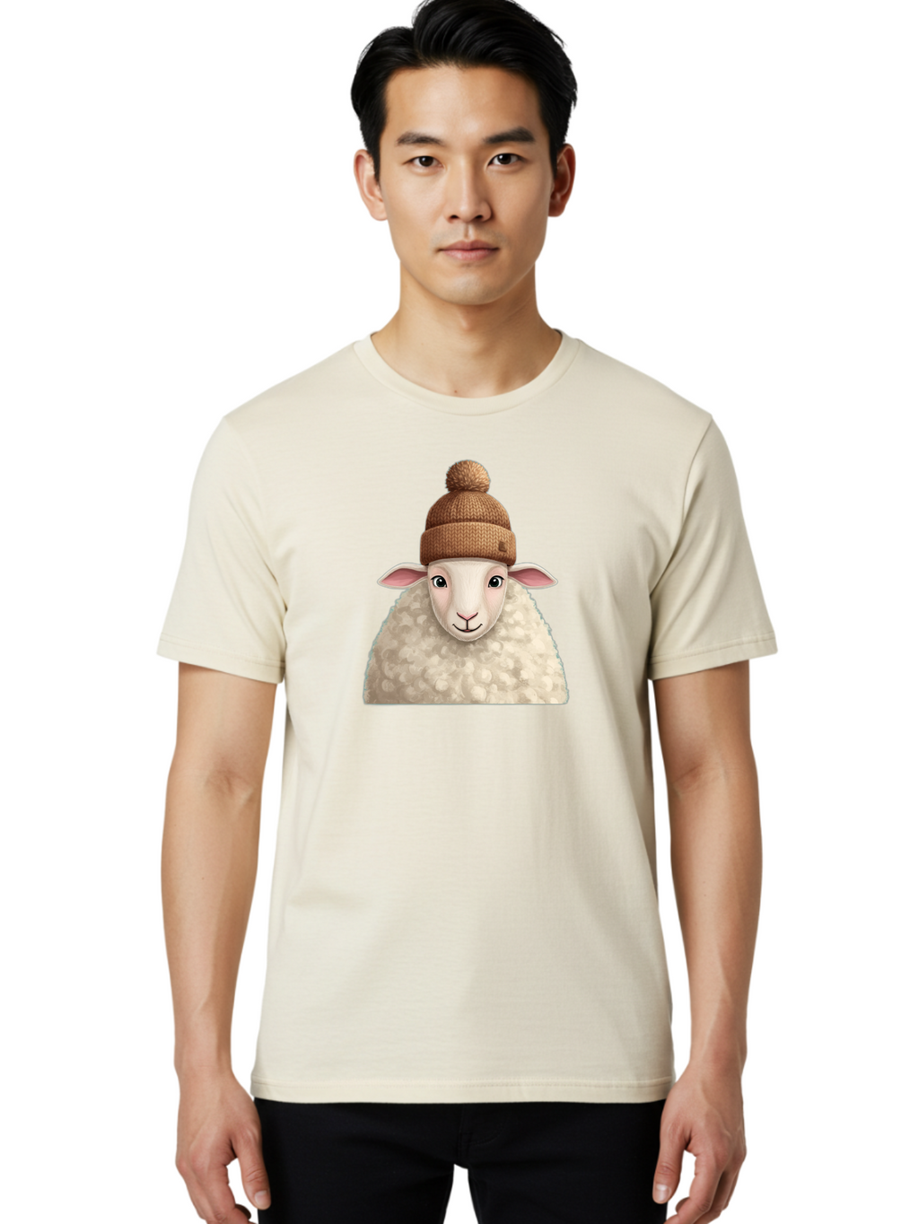 Sheep-With-Beanie Men'S Graphic Tee, 100% Cotton, Comfortable Casual Summer Wear, Machine Washable, Cartoon Sheep, Fluffy Sheep, Sheep Wearing Beanie, Winter Accessories, Cute Animal, Sheep Character, Playful Illustration, Sheep In Hat Bad559