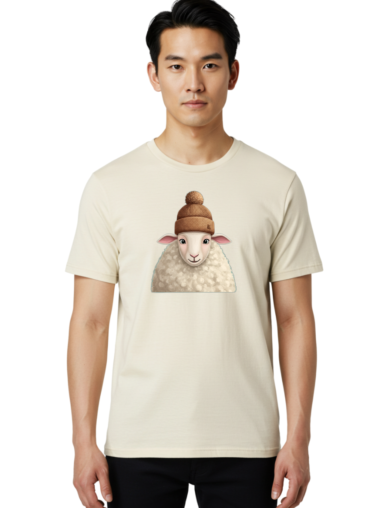 Sheep-With-Beanie Men'S Graphic Tee, 100% Cotton, Comfortable Casual Summer Wear, Machine Washable, Cartoon Sheep, Fluffy Sheep, Sheep Wearing Beanie, Winter Accessories, Cute Animal, Sheep Character, Playful Illustration, Sheep In Hat Bad559