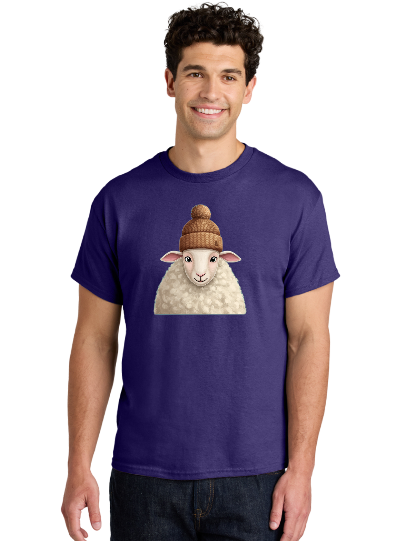 Sheep-With-Beanie Men'S Graphic Tee, 100% Cotton, Comfortable Casual Summer Wear, Machine Washable, Cartoon Sheep, Fluffy Sheep, Sheep Wearing Beanie, Winter Accessories, Cute Animal, Sheep Character, Playful Illustration, Sheep In Hat Bad559