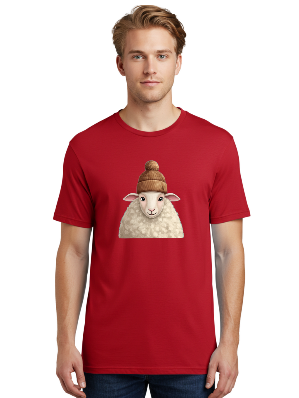Sheep-With-Beanie Men'S Graphic Tee, 100% Cotton, Comfortable Casual Summer Wear, Machine Washable, Cartoon Sheep, Fluffy Sheep, Sheep Wearing Beanie, Winter Accessories, Cute Animal, Sheep Character, Playful Illustration, Sheep In Hat Bad559