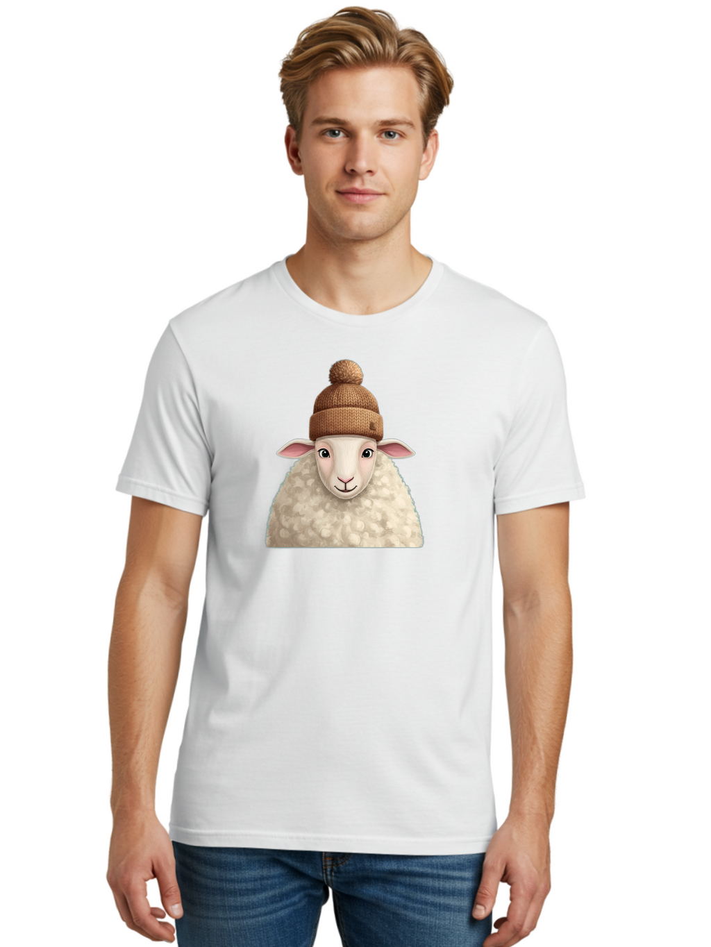 Sheep-With-Beanie Men'S Graphic Tee, 100% Cotton, Comfortable Casual Summer Wear, Machine Washable, Cartoon Sheep, Fluffy Sheep, Sheep Wearing Beanie, Winter Accessories, Cute Animal, Sheep Character, Playful Illustration, Sheep In Hat Bad559