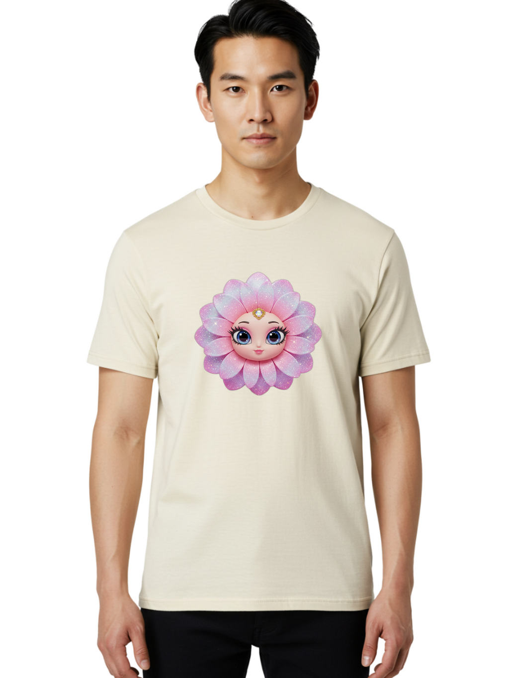 Shopkins-Petal-Blossom Men'S Graphic Tee, 100% Cotton, Comfortable Casual Summer Wear, Machine Washable, L.O.L. Surprise! Doll, Petal Character, Pink Flower, Glittery Petals, Blue Eyes, Mascara Eyelashes, Gemstone Tiara, Cute Face, Bad563