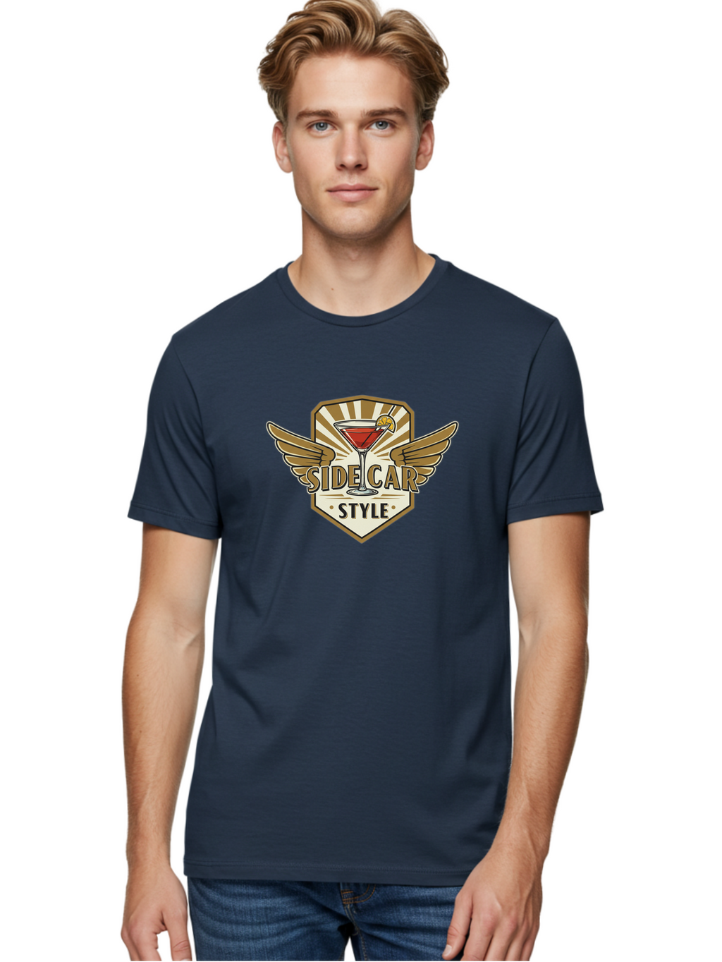 Side-Car-Style Men'S Graphic Tee, 100% Cotton, Comfortable Casual Summer Wear, Machine Washable, Martini Glass, Cocktail Drink, Lemon Slice, Wing Design, Emblem Logo, Vintage Style, Luxury Feel, Barware, Gold Accents, Classic Cocktail Bad564