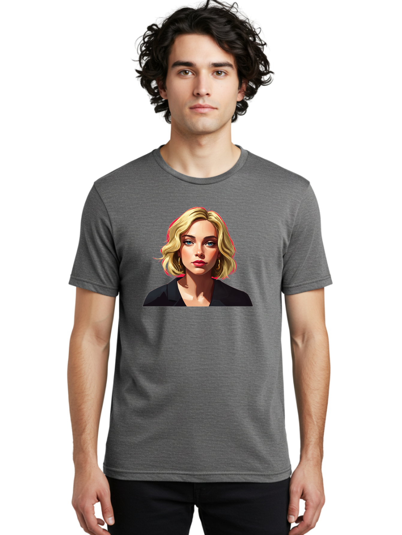 Sienna-Miller-Portrait Men'S Graphic Tee, 100% Cotton, Comfortable Casual Summer Wear, Machine Washable, Blonde Hair, Blue Eyes, Red Lipstick, Gold Hoop Earrings, Black Shirt, Digital Art, Modern Style, Young Woman, Stylish Look, Bad565