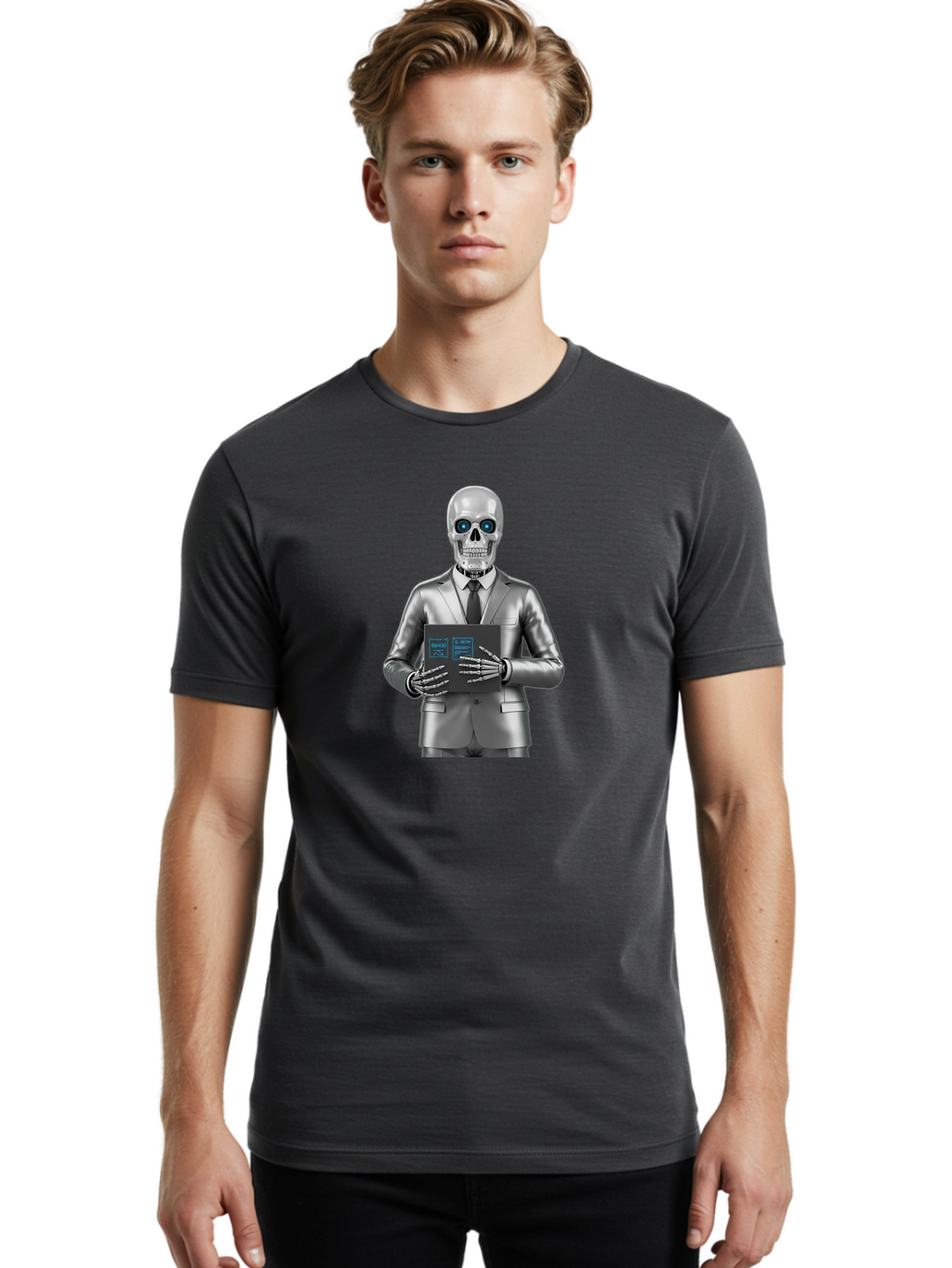 Silver-Skeleton Men'S Graphic Tee, 100% Cotton, Comfortable Casual Summer Wear, Machine Washable, Silver Skeleton In Suit, Futuristic Business Attire, Skeletal Businessman, Chrome Finish, Blue Glowing Eyes, Black Tie, Black Tech Tablet, Bad566