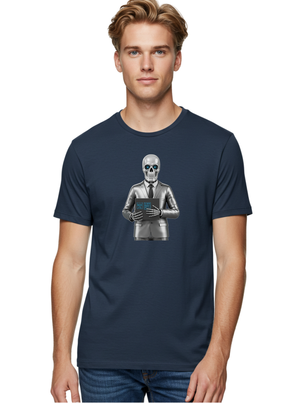 Silver-Skeleton Men'S Graphic Tee, 100% Cotton, Comfortable Casual Summer Wear, Machine Washable, Silver Skeleton In Suit, Futuristic Business Attire, Skeletal Businessman, Chrome Finish, Blue Glowing Eyes, Black Tie, Black Tech Tablet, Bad566