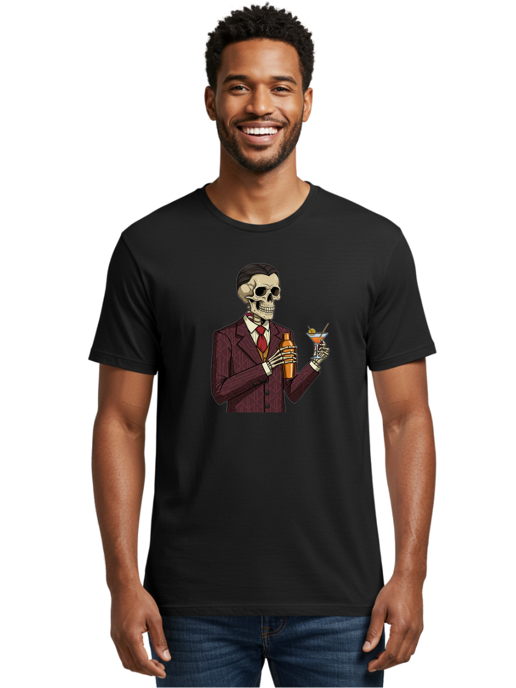 Skeleton-Bartender Men'S Graphic Tee, 100% Cotton, Comfortable Casual Summer Wear, Machine Washable, Skeleton Bartender, Cocktail Shaker, Martini Glass, Red Tie, Maroon Suit, Orange Cocktail, Cocktail Bar, Barware, Mixology Bad568