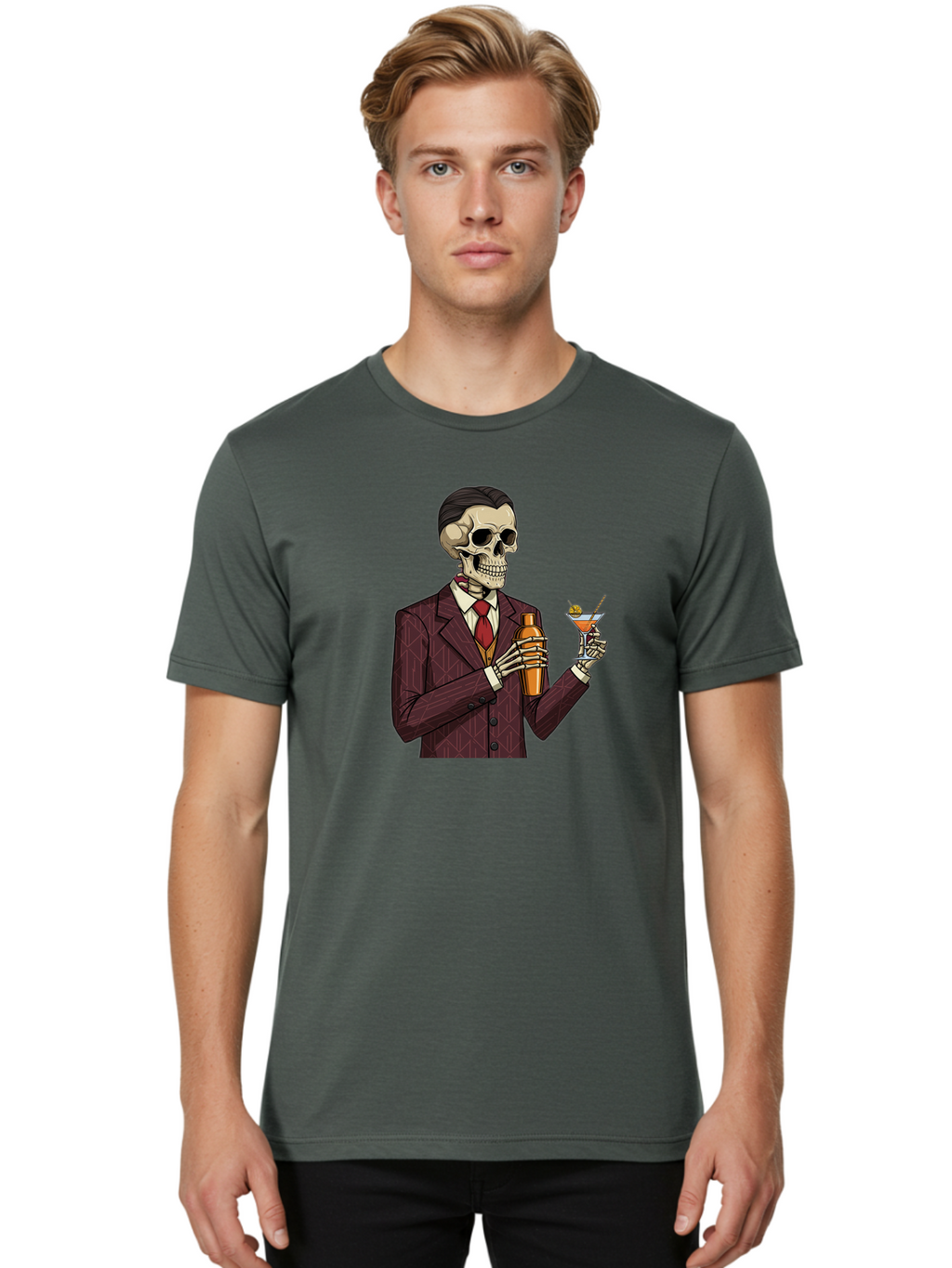 Skeleton-Bartender Men'S Graphic Tee, 100% Cotton, Comfortable Casual Summer Wear, Machine Washable, Skeleton Bartender, Cocktail Shaker, Martini Glass, Red Tie, Maroon Suit, Orange Cocktail, Cocktail Bar, Barware, Mixology Bad568