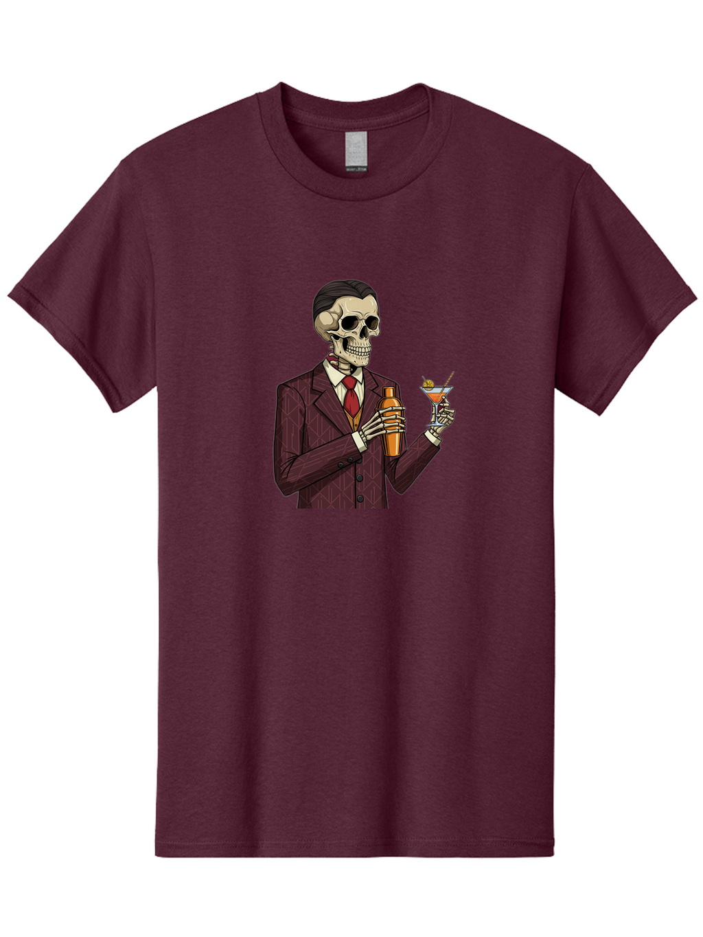 Skeleton-Bartender Men'S Graphic Tee, 100% Cotton, Comfortable Casual Summer Wear, Machine Washable, Skeleton Bartender, Cocktail Shaker, Martini Glass, Red Tie, Maroon Suit, Orange Cocktail, Cocktail Bar, Barware, Mixology Bad568