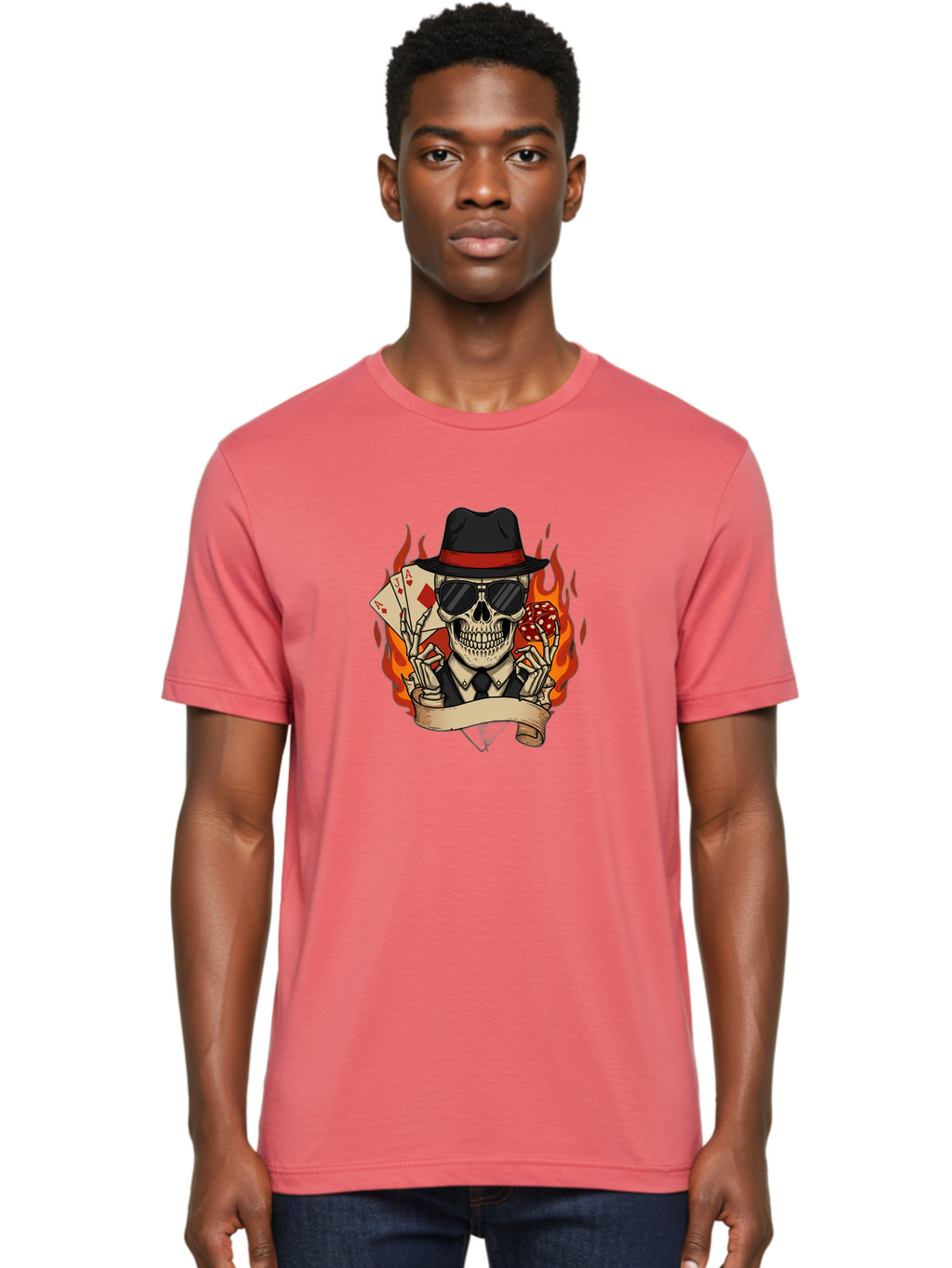 Skeleton-Card-Player Men'S Graphic Tee, 100% Cotton, Comfortable Casual Summer Wear, Machine Washable, Skeleton In Suit And Hat, Playing Cards, Sunglasses, Skull, Poker Face, Flames, Banner, Red Mushroom, Gambler, Red Diamonds Bad569