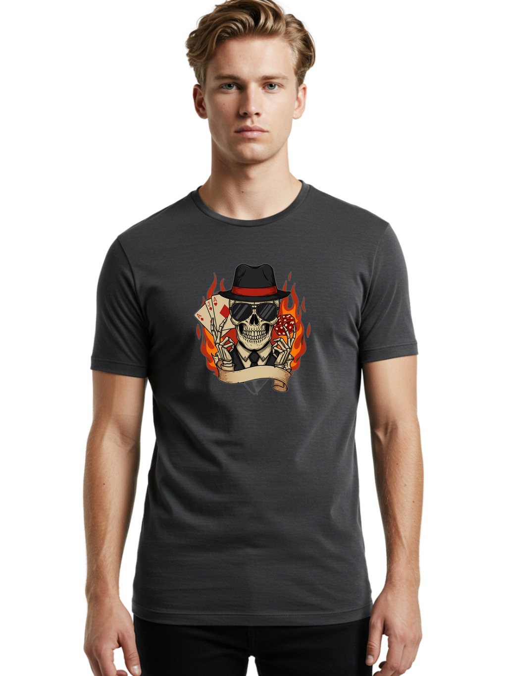 Skeleton-Card-Player Men'S Graphic Tee, 100% Cotton, Comfortable Casual Summer Wear, Machine Washable, Skeleton In Suit And Hat, Playing Cards, Sunglasses, Skull, Poker Face, Flames, Banner, Red Mushroom, Gambler, Red Diamonds Bad569