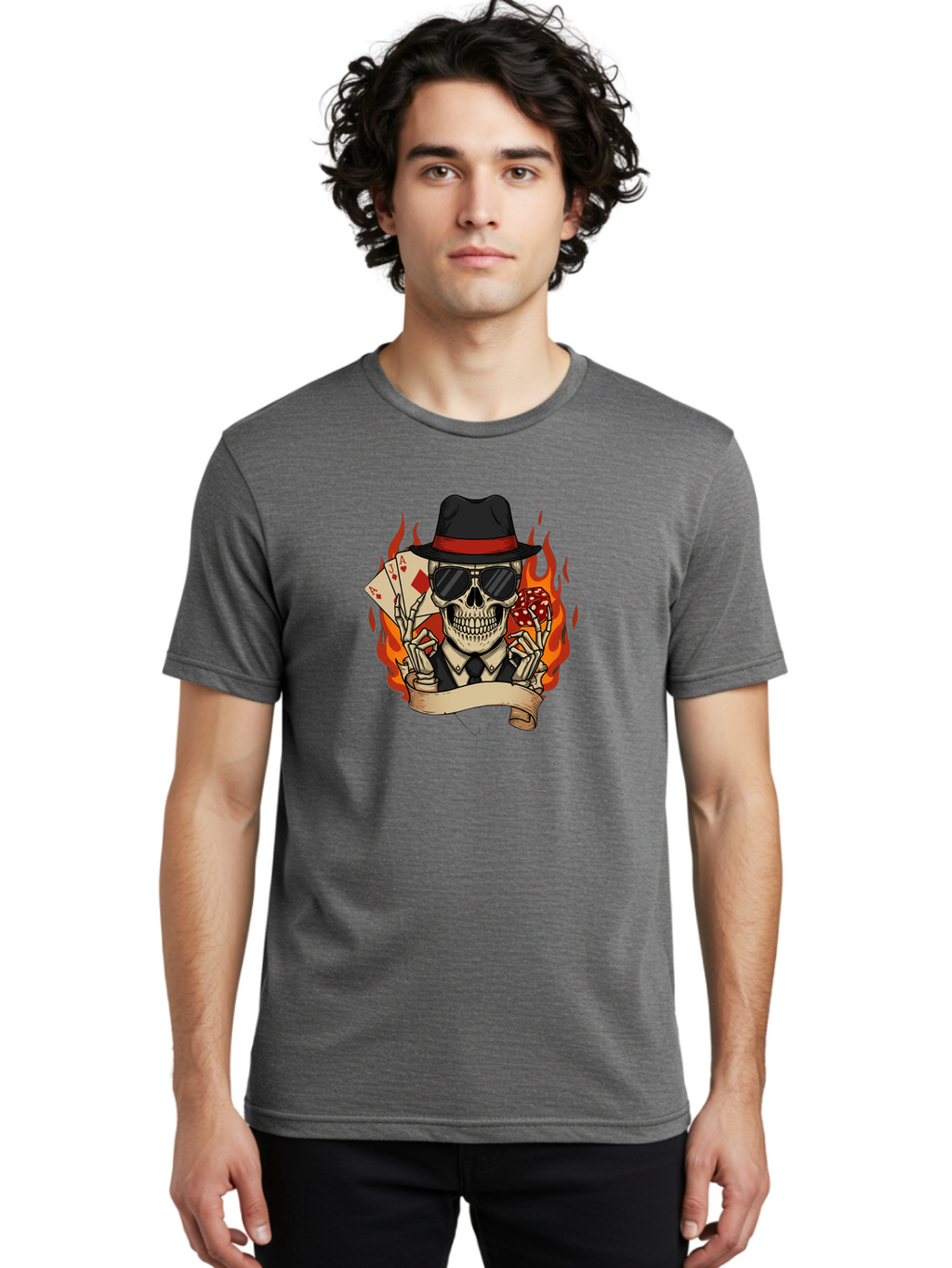 Skeleton-Card-Player Men'S Graphic Tee, 100% Cotton, Comfortable Casual Summer Wear, Machine Washable, Skeleton In Suit And Hat, Playing Cards, Sunglasses, Skull, Poker Face, Flames, Banner, Red Mushroom, Gambler, Red Diamonds Bad569