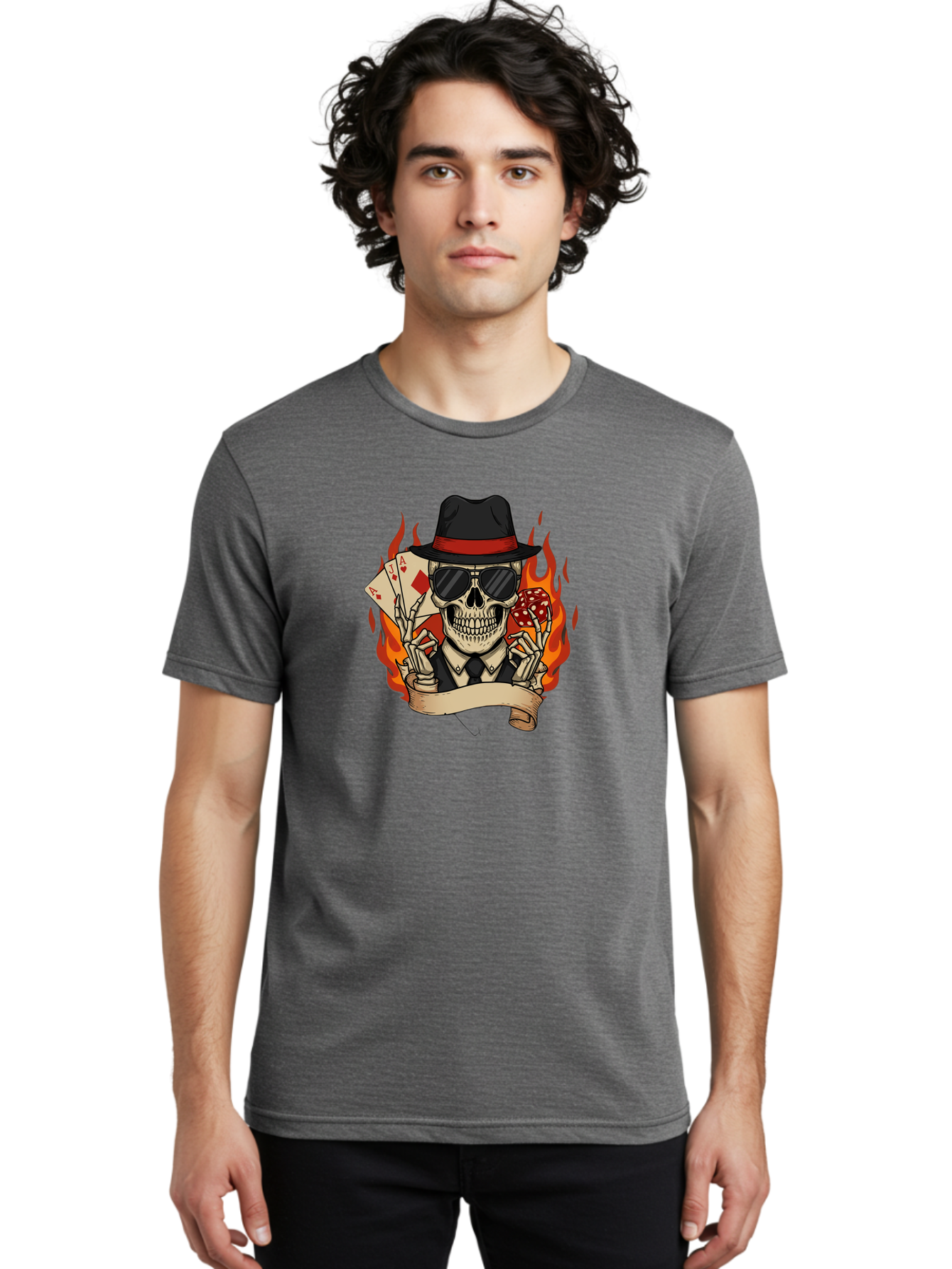 Skeleton-Card-Player Men'S Graphic Tee, 100% Cotton, Comfortable Casual Summer Wear, Machine Washable, Skeleton In Suit And Hat, Playing Cards, Sunglasses, Skull, Poker Face, Flames, Banner, Red Mushroom, Gambler, Red Diamonds Bad569
