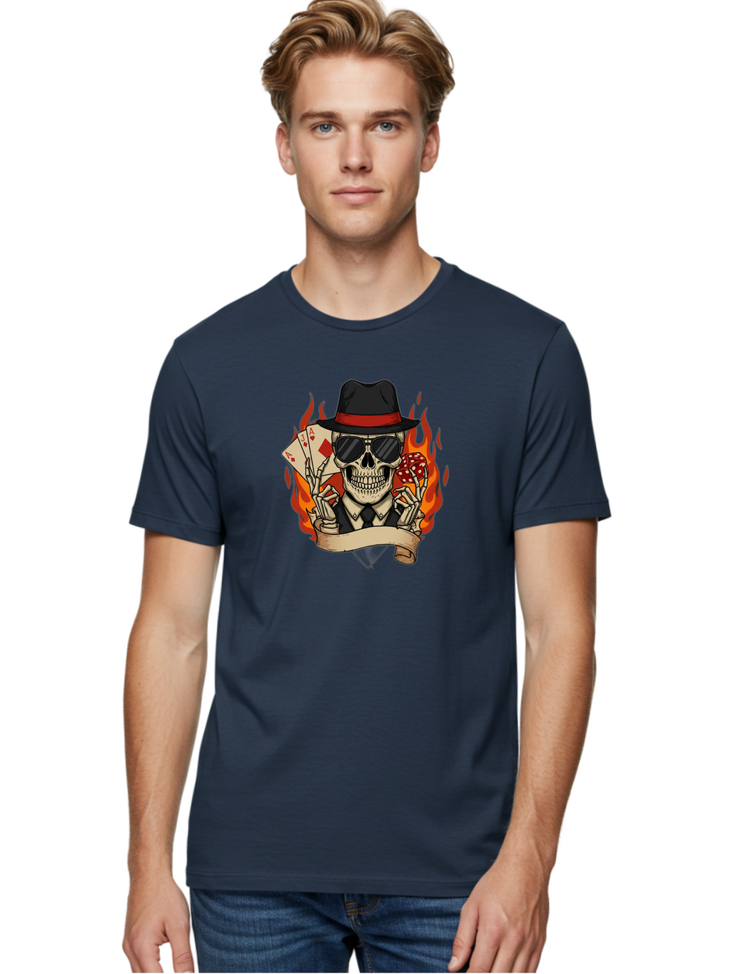 Skeleton-Card-Player Men'S Graphic Tee, 100% Cotton, Comfortable Casual Summer Wear, Machine Washable, Skeleton In Suit And Hat, Playing Cards, Sunglasses, Skull, Poker Face, Flames, Banner, Red Mushroom, Gambler, Red Diamonds Bad569