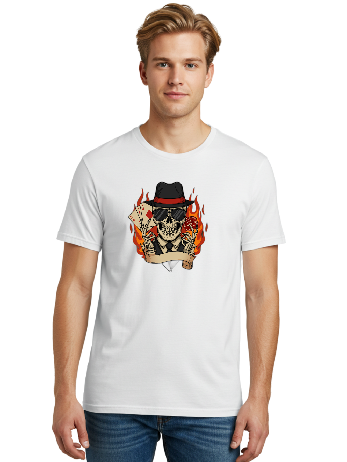 Skeleton-Card-Player Men'S Graphic Tee, 100% Cotton, Comfortable Casual Summer Wear, Machine Washable, Skeleton In Suit And Hat, Playing Cards, Sunglasses, Skull, Poker Face, Flames, Banner, Red Mushroom, Gambler, Red Diamonds Bad569