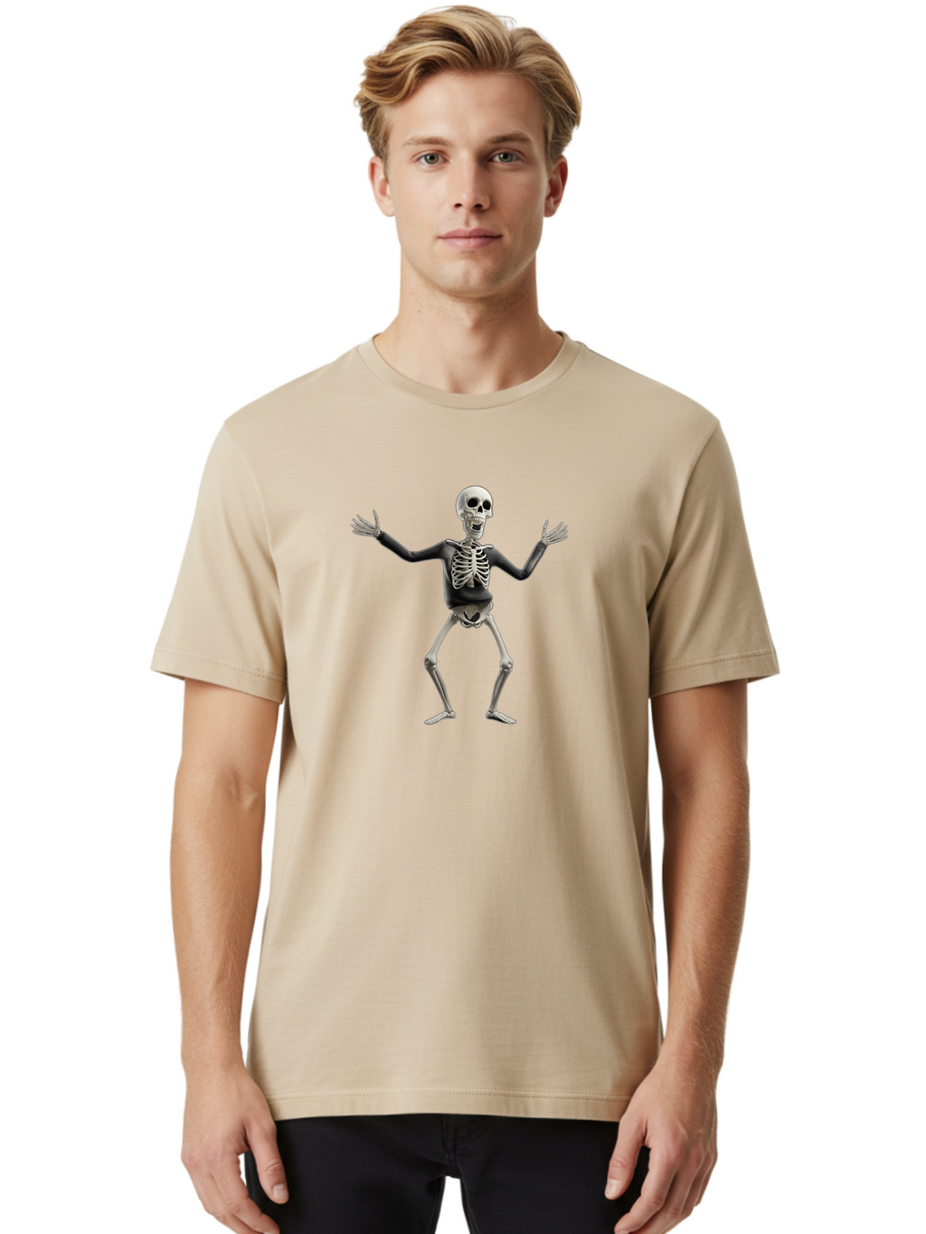 Skeleton-Dancing Men'S Graphic Tee, 100% Cotton, Comfortable Casual Summer Wear, Machine Washable, Skeleton Dancing, Skeletal Figure, Dance Move, Spooky Atmosphere, Halloween Theme, Funny Bones, Bone Structure, Festive Character Bad570