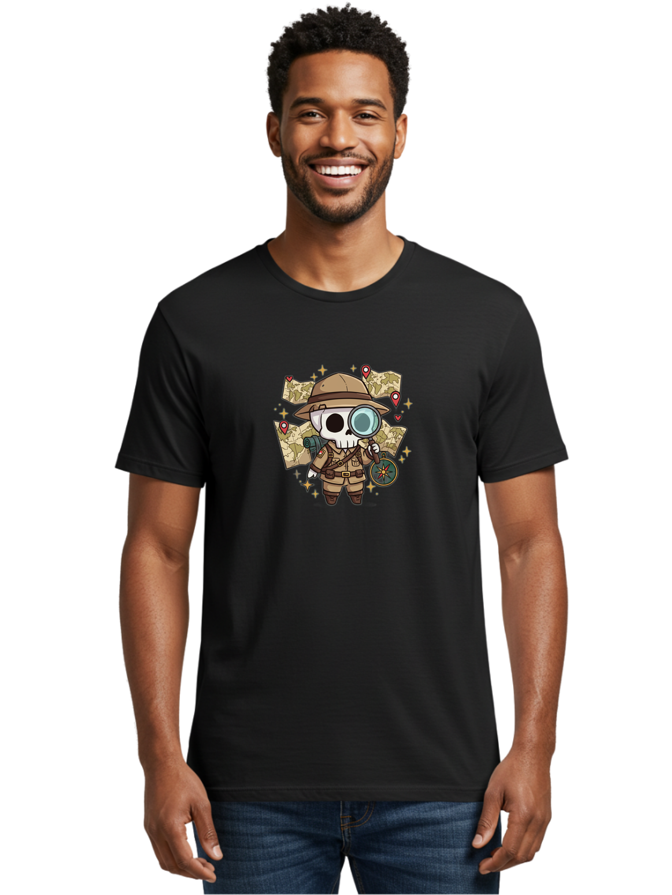 Skeleton-Explorer Men'S Graphic Tee, 100% Cotton, Comfortable Casual Summer Wear, Machine Washable, Cartoon Skeleton, Explorer Outfit, Safari Hat, Magnifying Glass, Map, Compass, Adventure, Discovery, Treasure Hunt, Travel, Exploration, Bad571