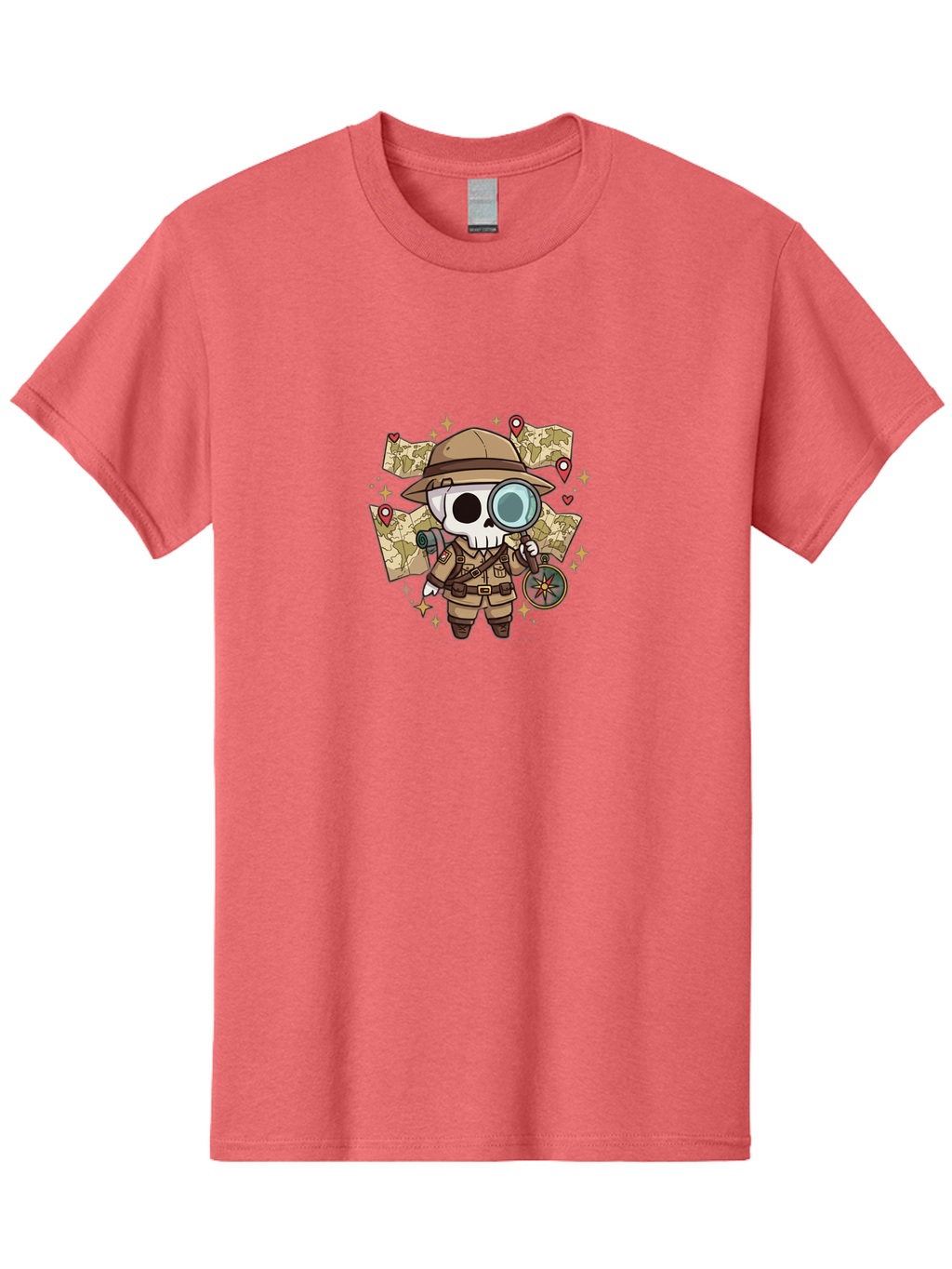 Skeleton-Explorer Men'S Graphic Tee, 100% Cotton, Comfortable Casual Summer Wear, Machine Washable, Cartoon Skeleton, Explorer Outfit, Safari Hat, Magnifying Glass, Map, Compass, Adventure, Discovery, Treasure Hunt, Travel, Exploration, Bad571