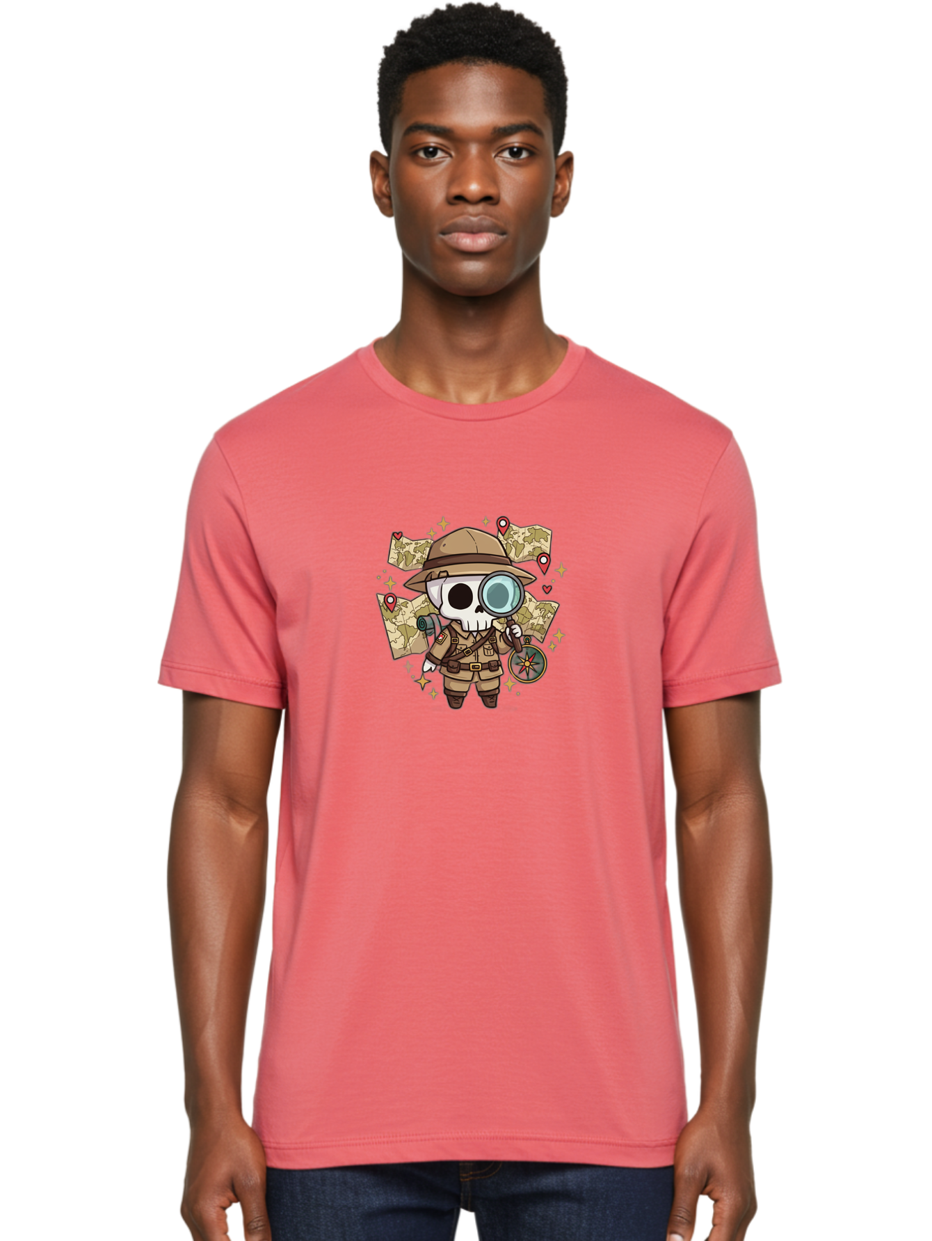 Skeleton-Explorer Men'S Graphic Tee, 100% Cotton, Comfortable Casual Summer Wear, Machine Washable, Cartoon Skeleton, Explorer Outfit, Safari Hat, Magnifying Glass, Map, Compass, Adventure, Discovery, Treasure Hunt, Travel, Exploration, Bad571