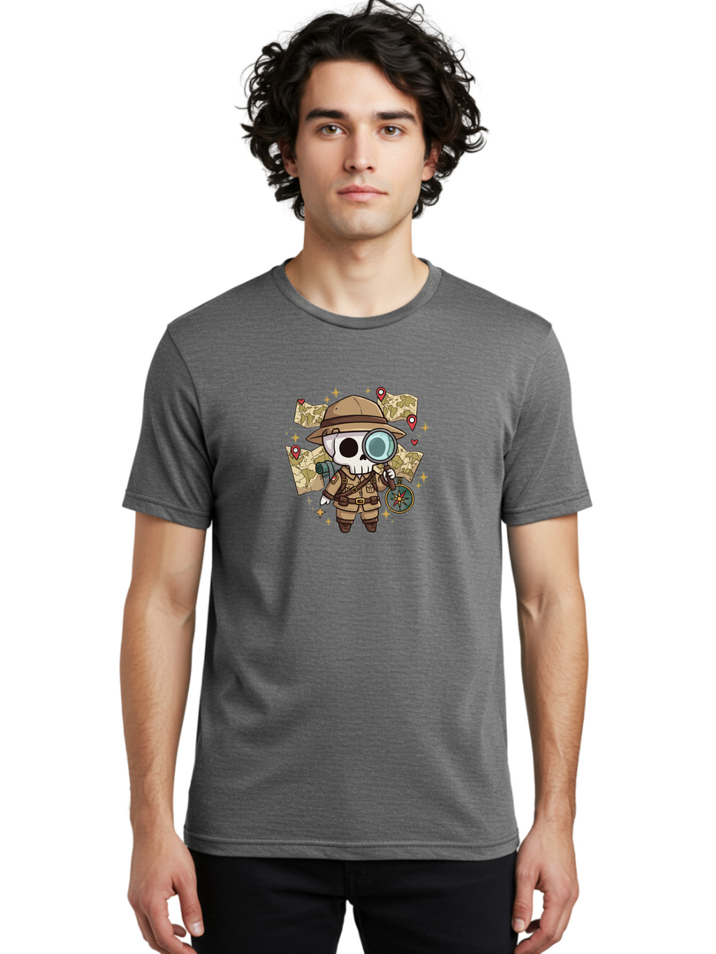 Skeleton-Explorer Men'S Graphic Tee, 100% Cotton, Comfortable Casual Summer Wear, Machine Washable, Cartoon Skeleton, Explorer Outfit, Safari Hat, Magnifying Glass, Map, Compass, Adventure, Discovery, Treasure Hunt, Travel, Exploration, Bad571