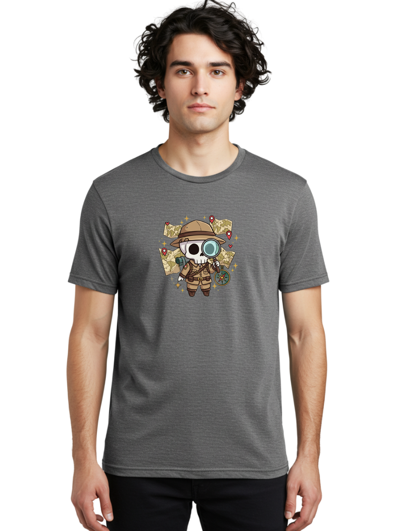 Skeleton-Explorer Men'S Graphic Tee, 100% Cotton, Comfortable Casual Summer Wear, Machine Washable, Cartoon Skeleton, Explorer Outfit, Safari Hat, Magnifying Glass, Map, Compass, Adventure, Discovery, Treasure Hunt, Travel, Exploration, Bad571