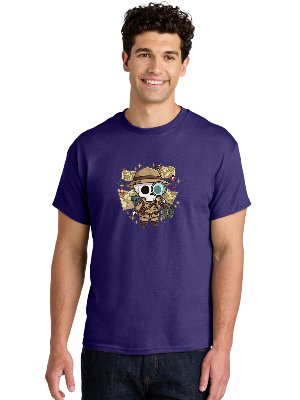 Skeleton-Explorer Men'S Graphic Tee, 100% Cotton, Comfortable Casual Summer Wear, Machine Washable, Cartoon Skeleton, Explorer Outfit, Safari Hat, Magnifying Glass, Map, Compass, Adventure, Discovery, Treasure Hunt, Travel, Exploration, Bad571
